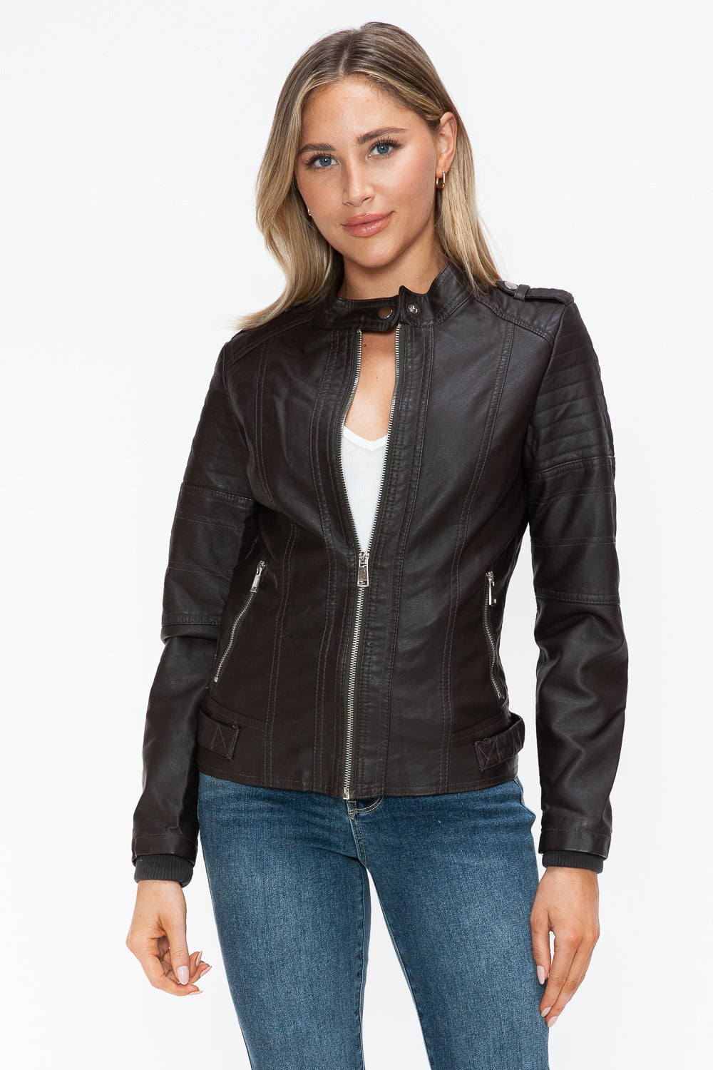 Blue Zone Planet | Snobbish PU Leather Biker Jacket with Side Zip Pockets-TOPS / DRESSES-[Adult]-[Female]-2022 Online Blue Zone Planet