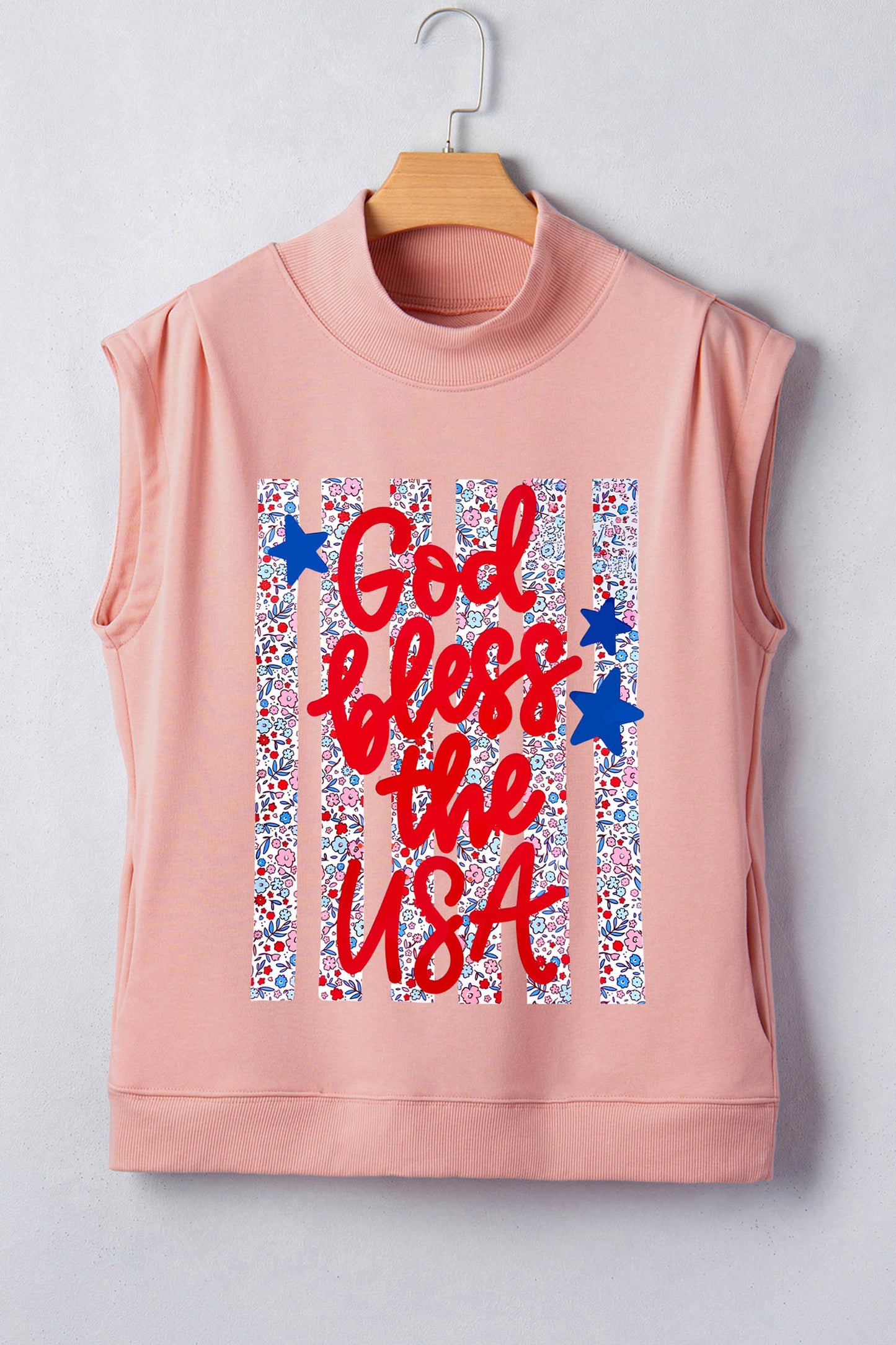Pink God Bless The Usa Floral American Flag Print High Neck Short Sleeve Top