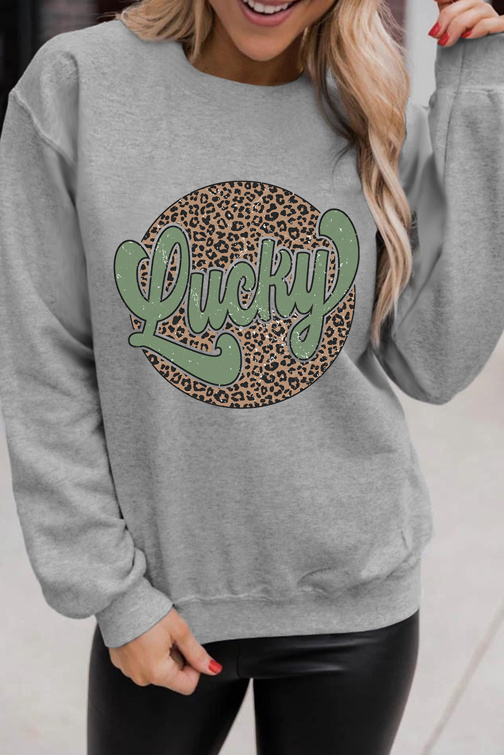 Gray Leopard Lucky Graphic Crewneck St Patrick Pullover Sweatshirt-Graphic Sweatshirts-[Adult]-[Female]-2022 Online Blue Zone Planet