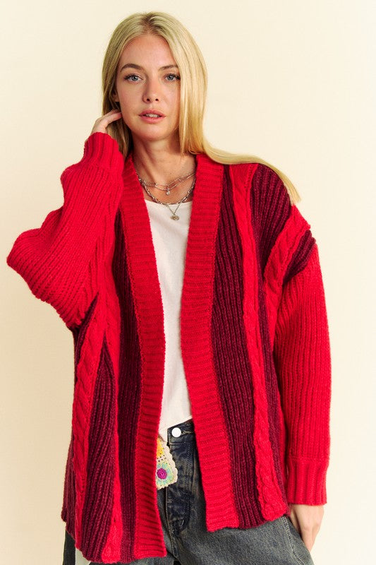 Davi & Dani Cable-Knit Color Block Open Front Cardigan-TOPS / DRESSES-[Adult]-[Female]-2022 Online Blue Zone Planet