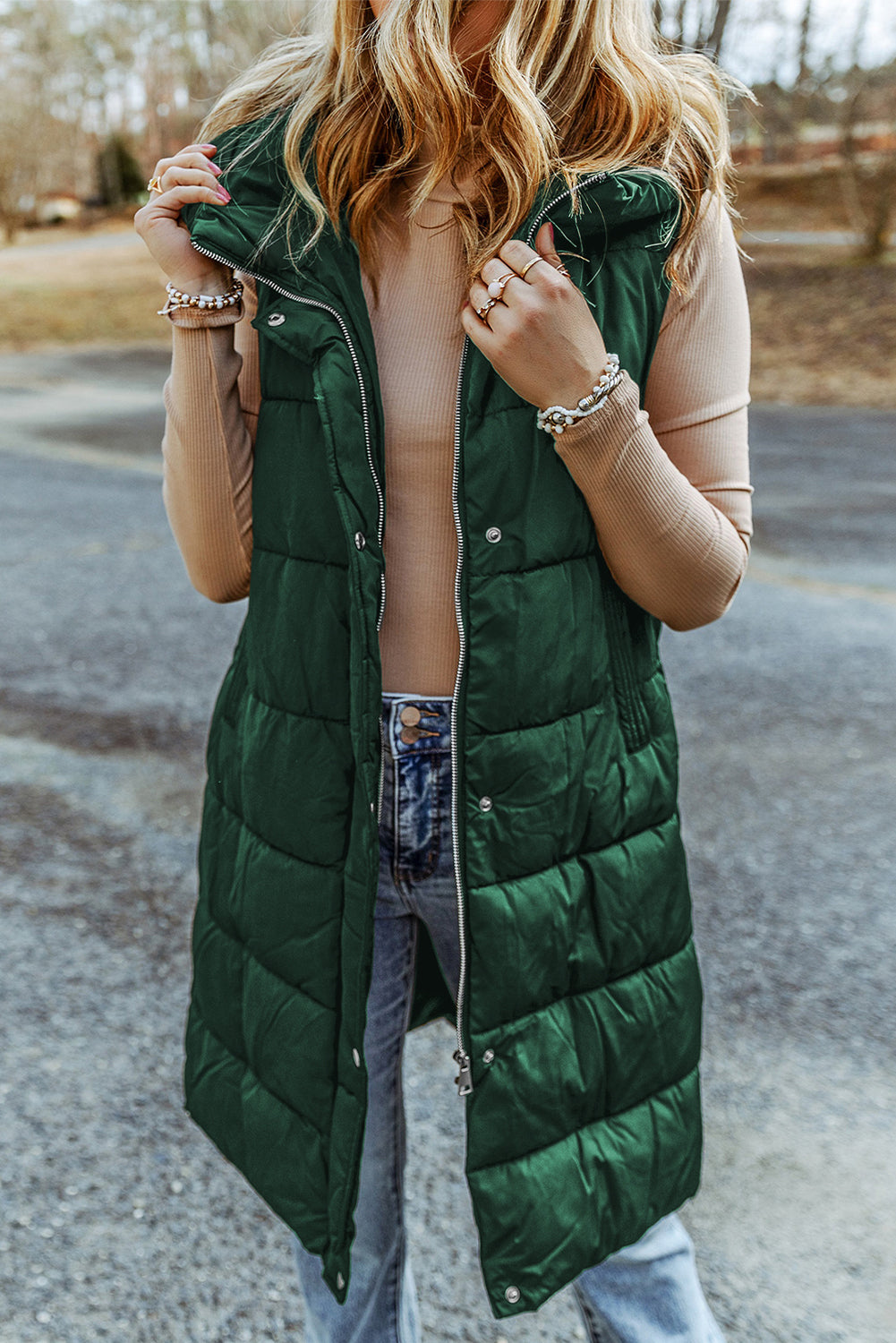 Green Hooded Long Quilted Vest Coat-Outerwear/Vests-[Adult]-[Female]-2022 Online Blue Zone Planet