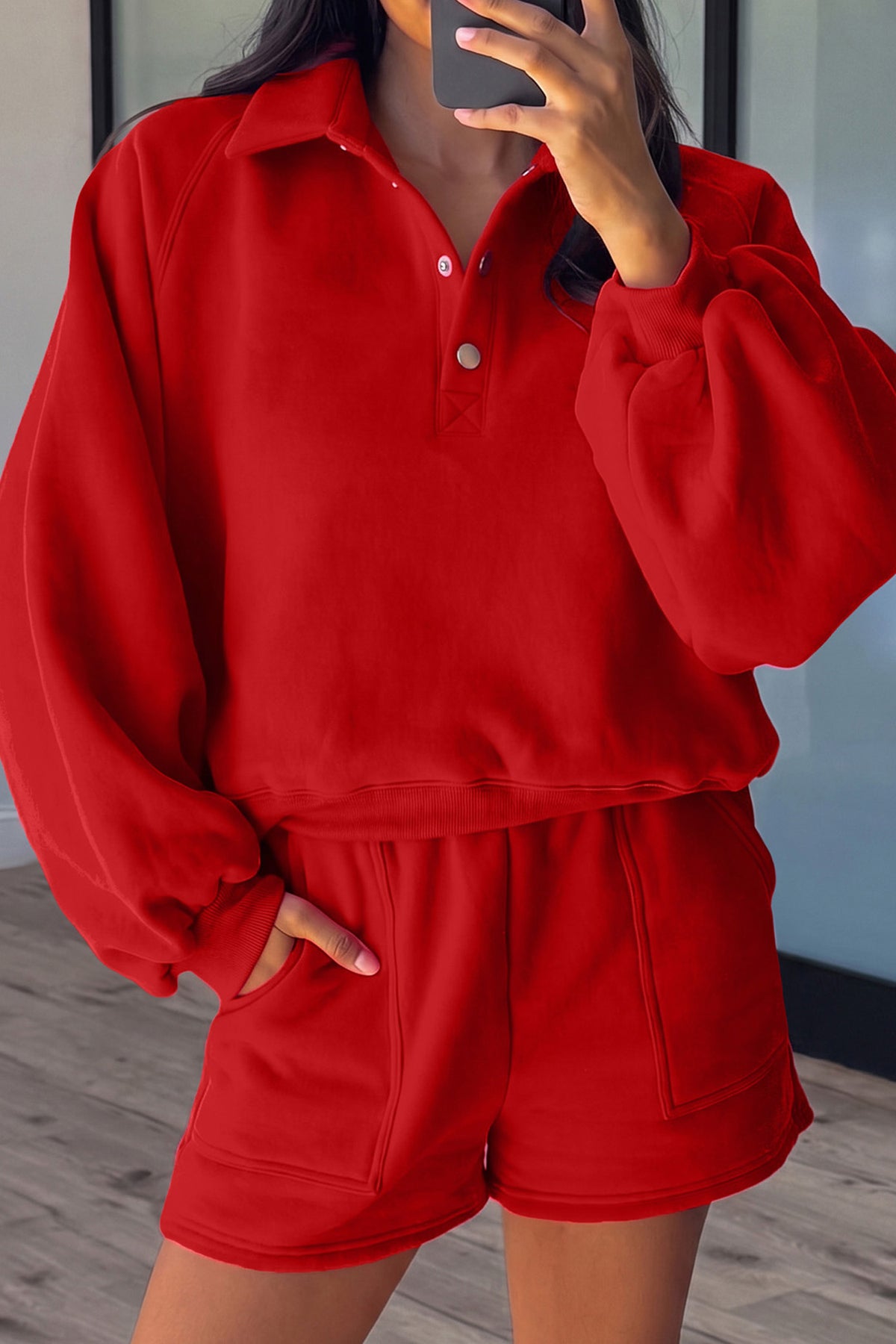 Fiery Red Half Button Puff Sleeve Relaxed Pullover and Shorts 2pcs Outfit