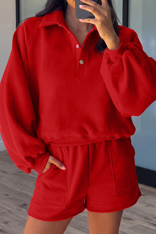 Fiery Red Half Button Puff Sleeve Relaxed Pullover and Shorts 2pcs Outfit-Two Piece Sets/Short Sets-[Adult]-[Female]-Fiery Red-S-2022 Online Blue Zone Planet