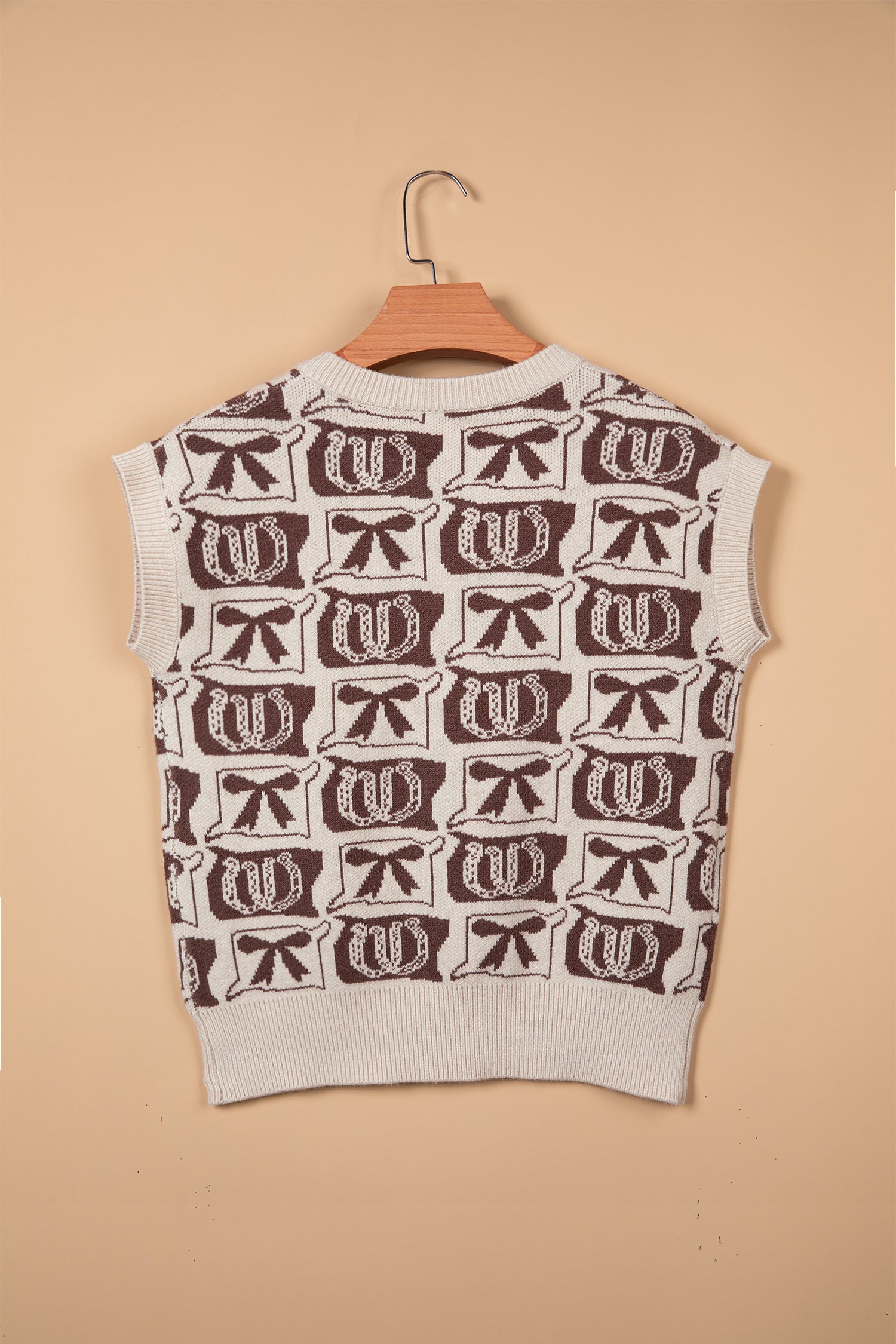 Brown Western Horseshoe Bow Pattern Button Front Sleeveless Knit Sweater-Sweaters & Cardigans/Sweater Vests-[Adult]-[Female]-2022 Online Blue Zone Planet
