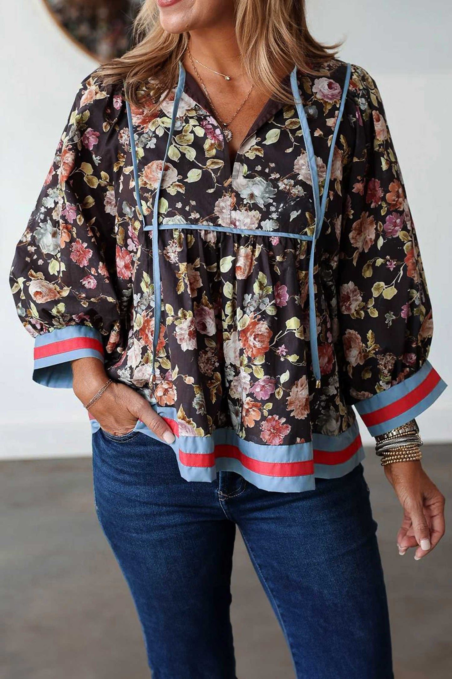 Black Floral Print Contrast Trim Tie V Neck Bracelet Sleeve Blouse-Tops/Blouses & Shirts-[Adult]-[Female]-Black-S-2022 Online Blue Zone Planet