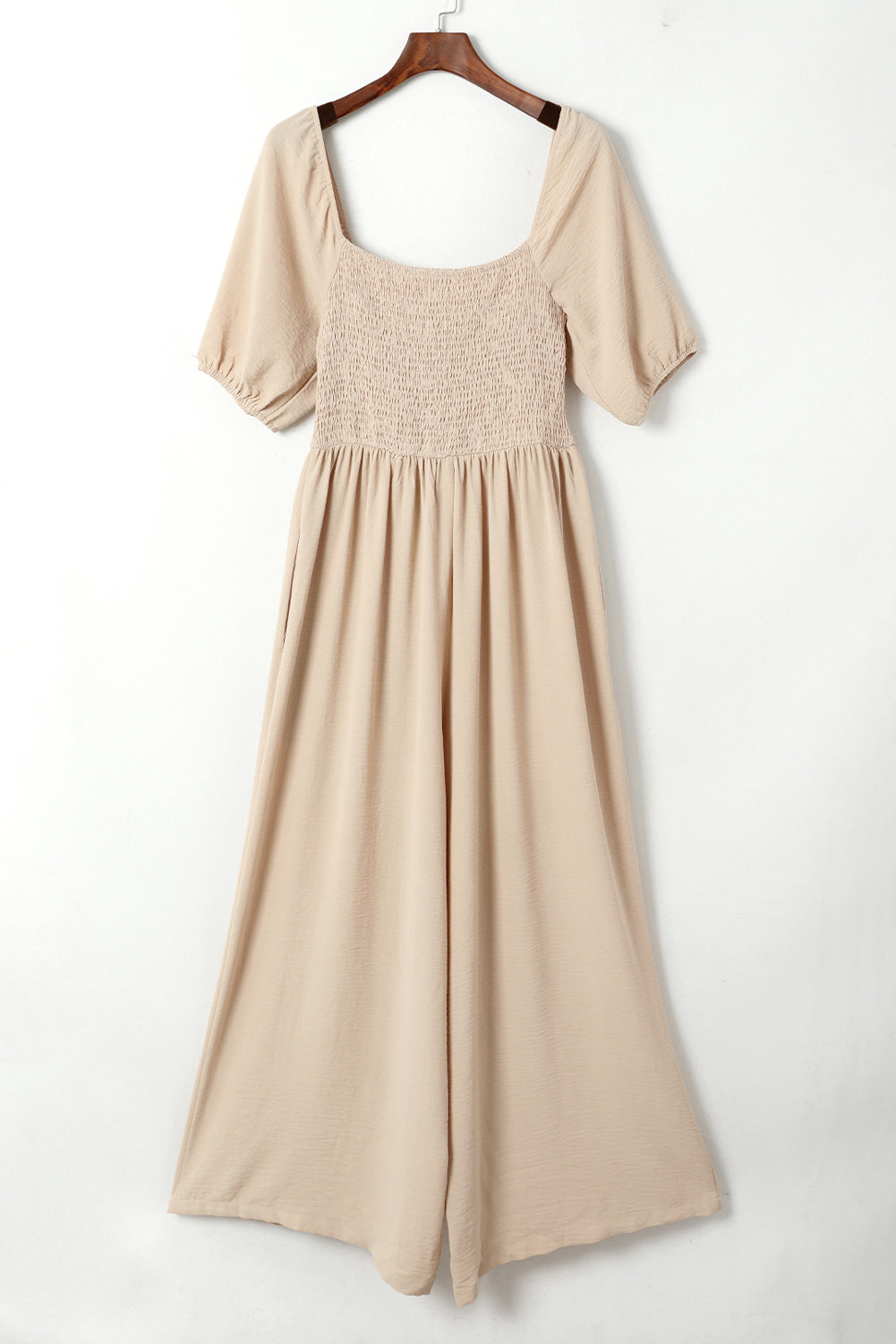 Apricot Short Bubble Sleeve Smocked Wide Leg Jumpsuit-Bottoms/Jumpsuits & Rompers-[Adult]-[Female]-2022 Online Blue Zone Planet