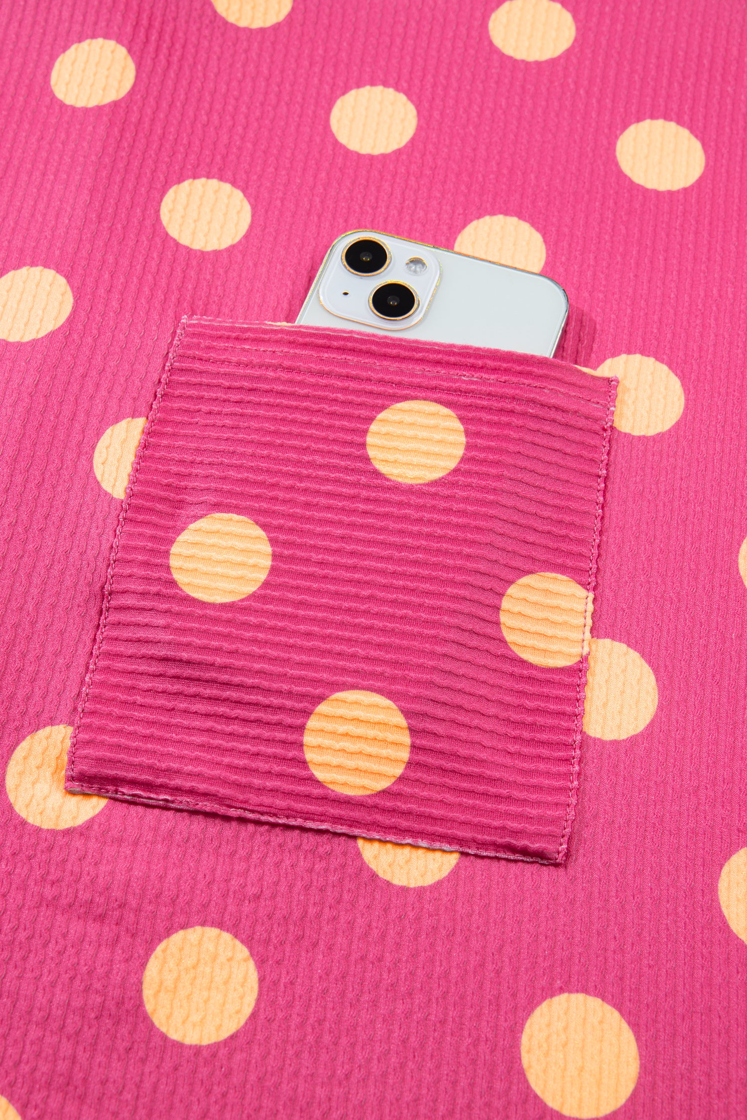 Pink Polka Dot Round Neck Drop Shoulder Patch Pocket Jacquard Texture Top-Tops/Tops & Tees-[Adult]-[Female]-2022 Online Blue Zone Planet