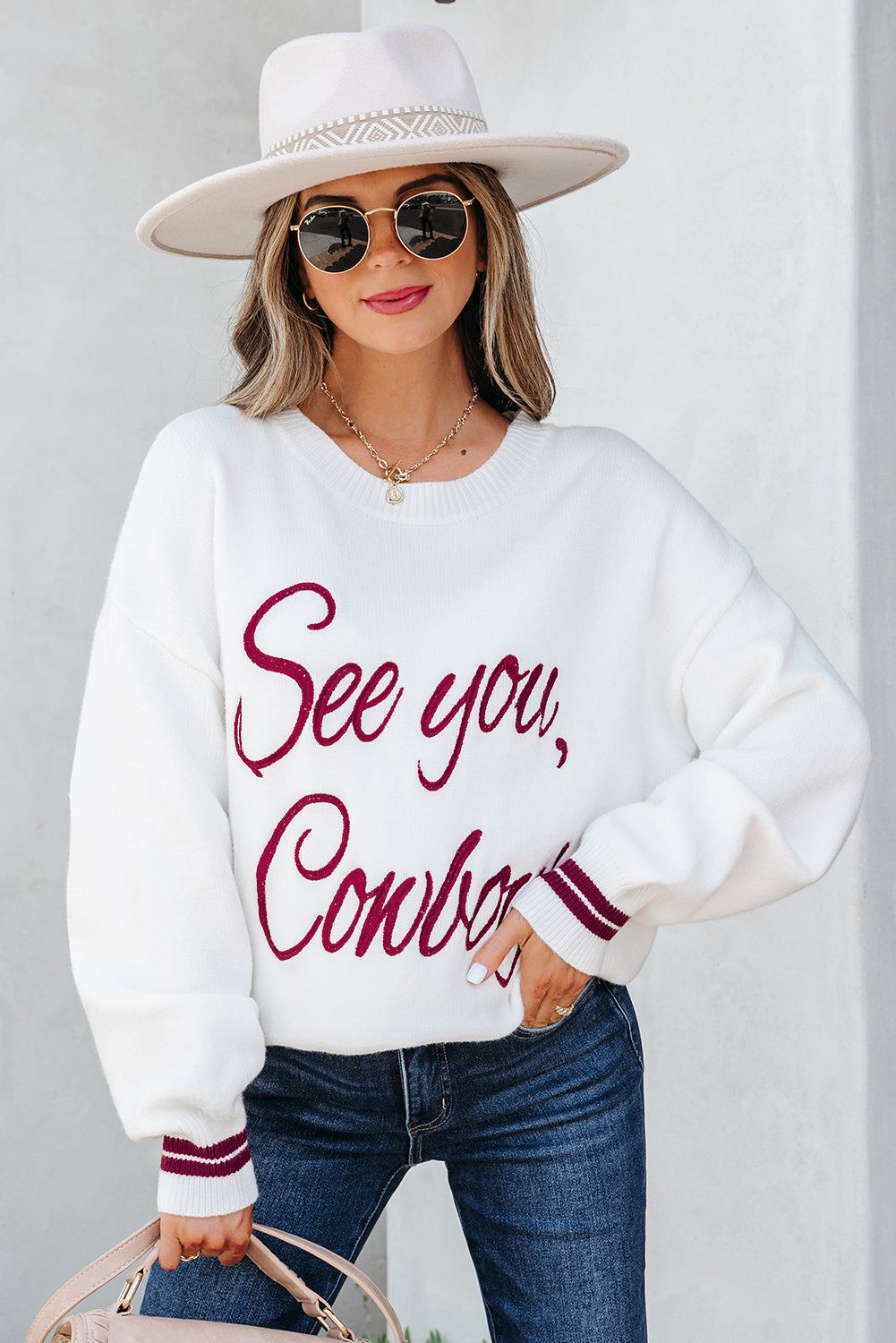 White See You Cowboy Embroidered Western Graphic Sweater-TOPS / DRESSES-[Adult]-[Female]-2022 Online Blue Zone Planet