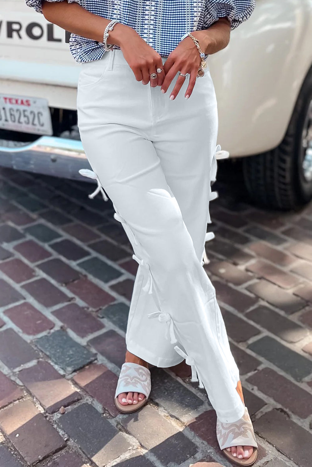 White Bow Knot Side Detail Straight Leg Loose Jeans-Bottoms/Jeans-[Adult]-[Female]-2022 Online Blue Zone Planet