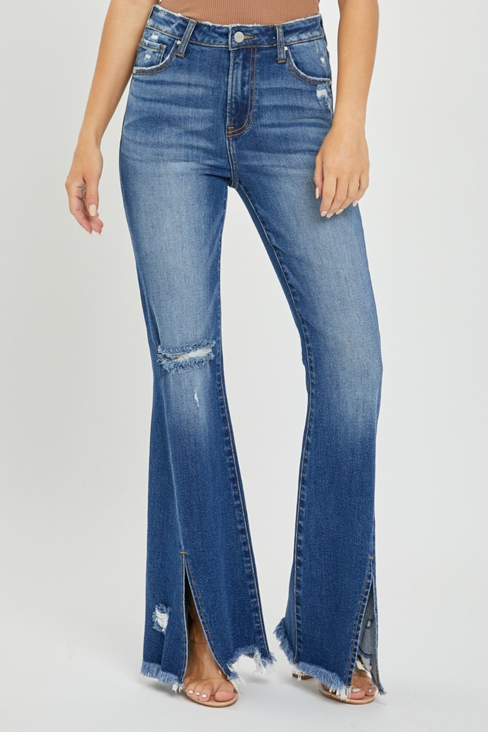 Blue Zone Planet | RISEN Full Size High Rise Front Slit Frayed Hem Flare Jeans-TOPS / DRESSES-[Adult]-[Female]-2022 Online Blue Zone Planet