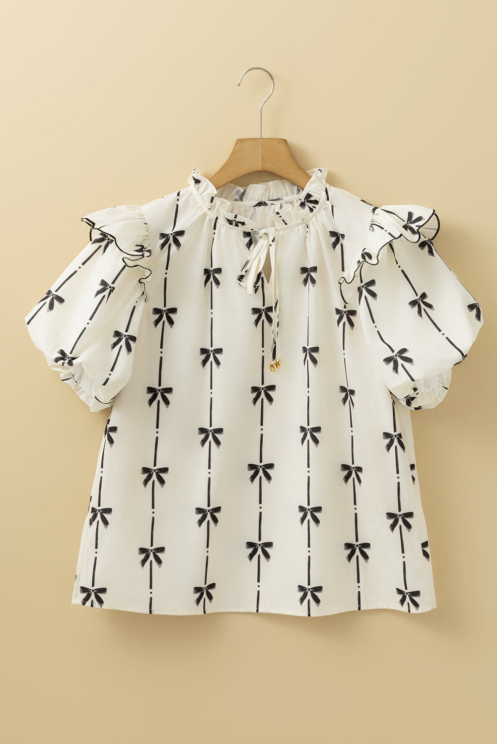 Beige Bow Print Ruffle Bubble Sleeve Tie Notched Neck Blouse-Blouses-[Adult]-[Female]-2022 Online Blue Zone Planet