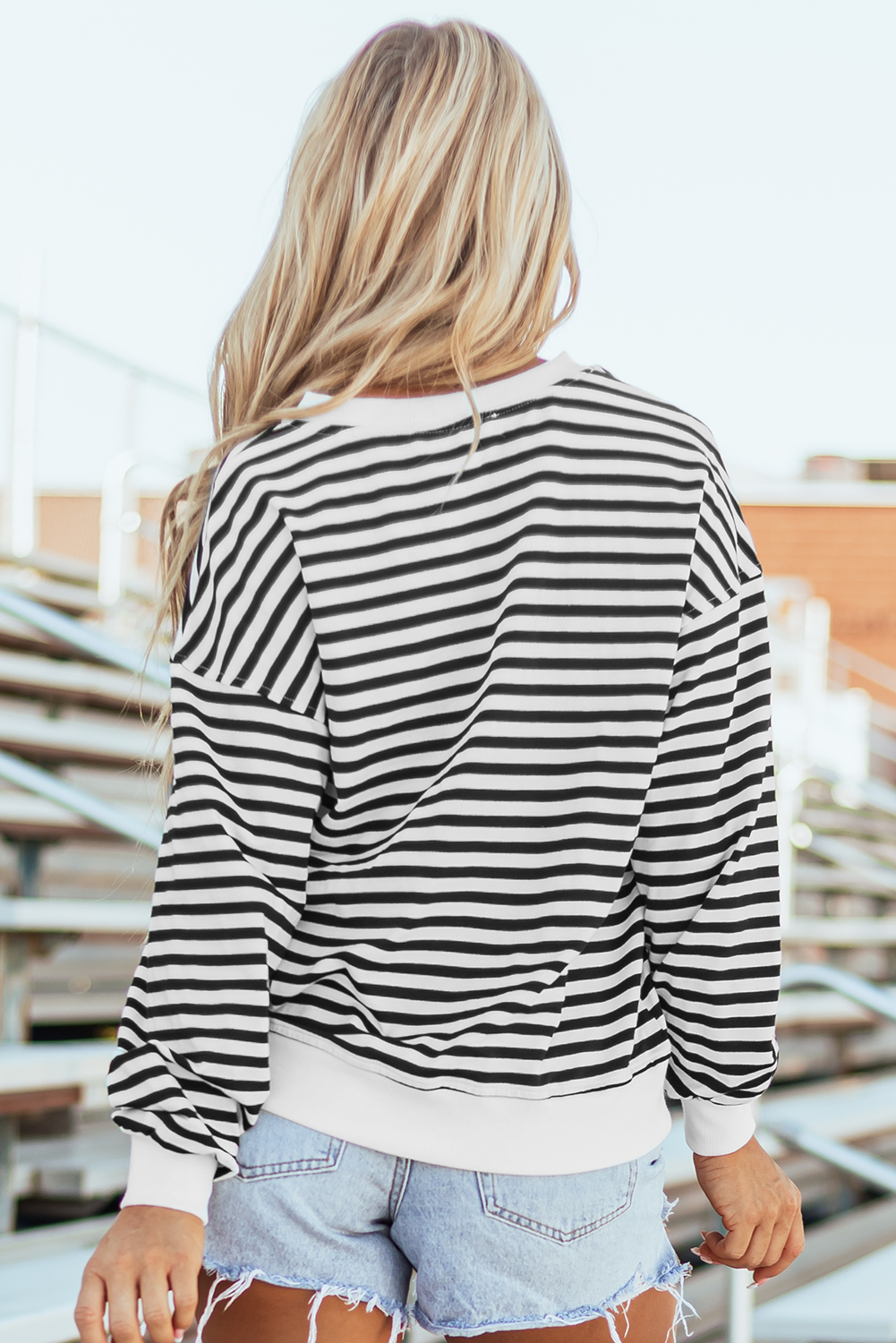 White Stripe Color Block Buttoned Crew Neck Oversized Sweatshirt-Tops/Sweatshirts & Hoodies-[Adult]-[Female]-2022 Online Blue Zone Planet