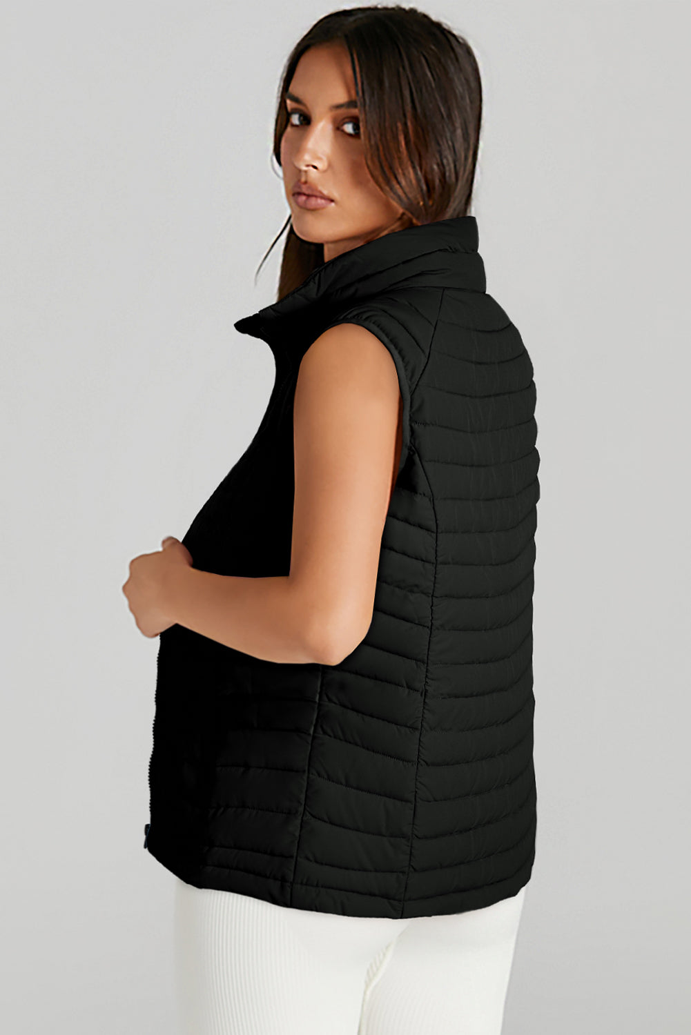 Blue Zone Planet | Silvery Plush Collared Quilted Zipped Puffer Vest-Outerwear/Vests-[Adult]-[Female]-2022 Online Blue Zone Planet