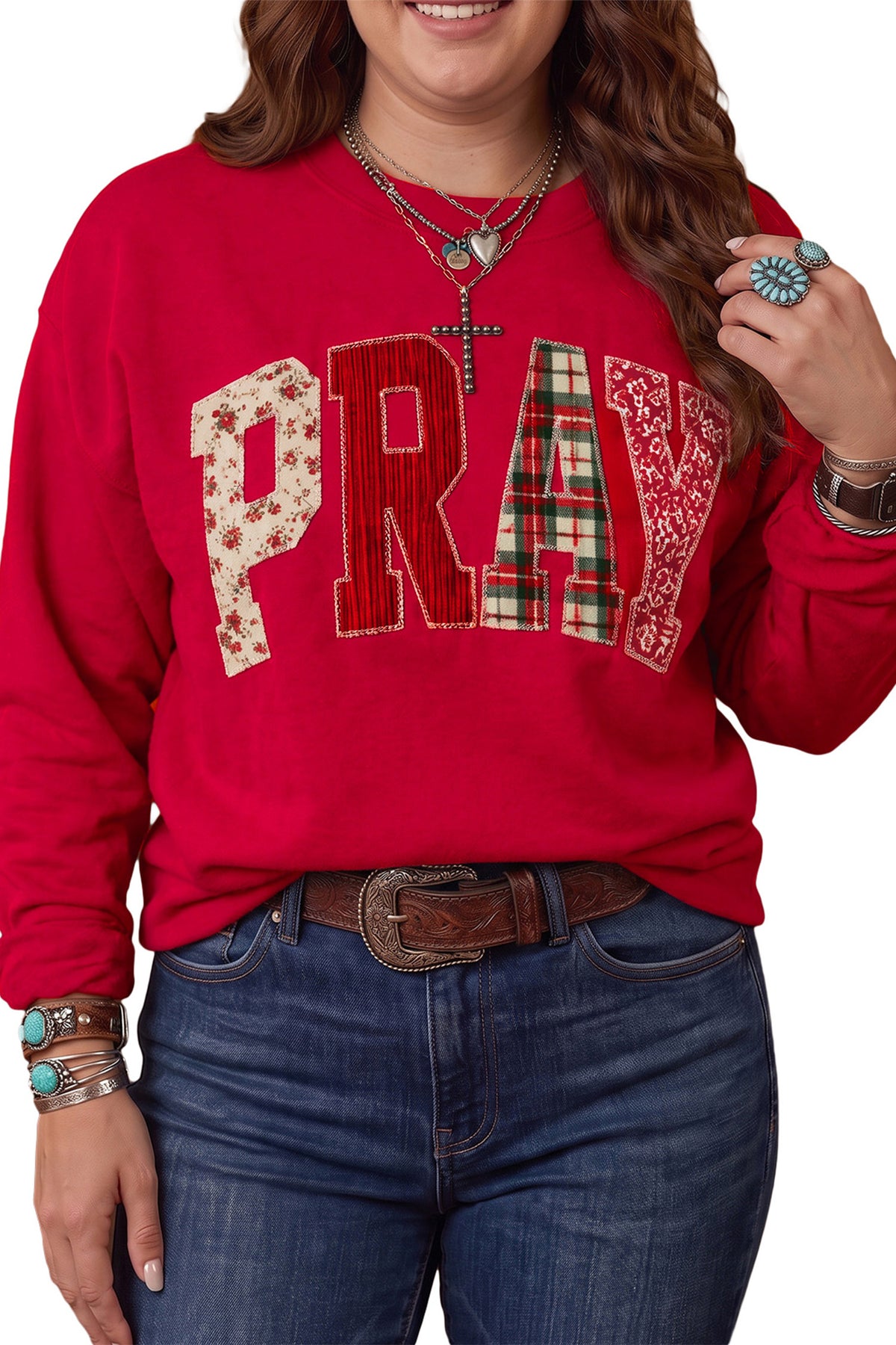 Fiery Red PRAY Letter Patchwork Round Neck Long Sleeve Plus Size Sweatshirt-Plus Size/Plus Size Sweatshirts & Hoodies-[Adult]-[Female]-2022 Online Blue Zone Planet