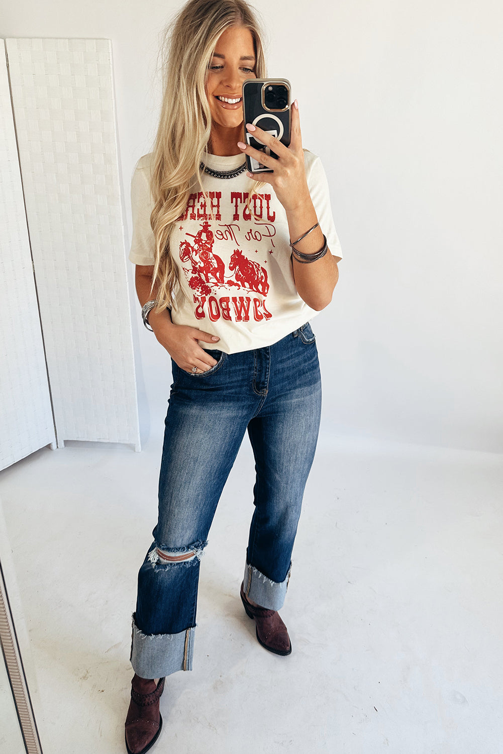 White Just Here For The Cowboy Cuffed Sleeve Crew Neck T Shirt