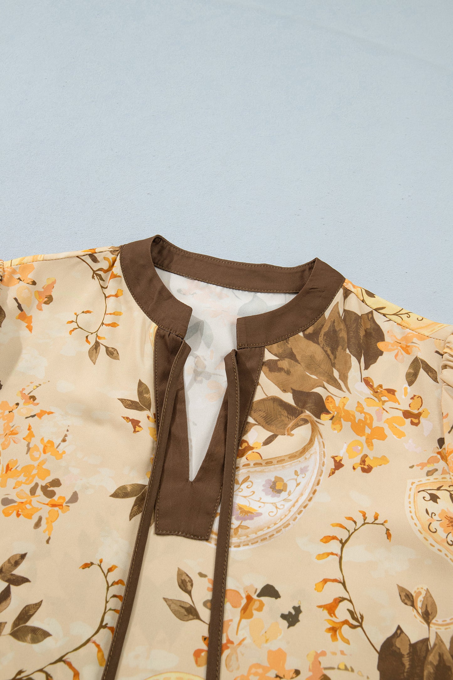 Khaki Paisley Print Tie Neck Long Sleeve Blouse-Tops/Blouses & Shirts-[Adult]-[Female]-2022 Online Blue Zone Planet