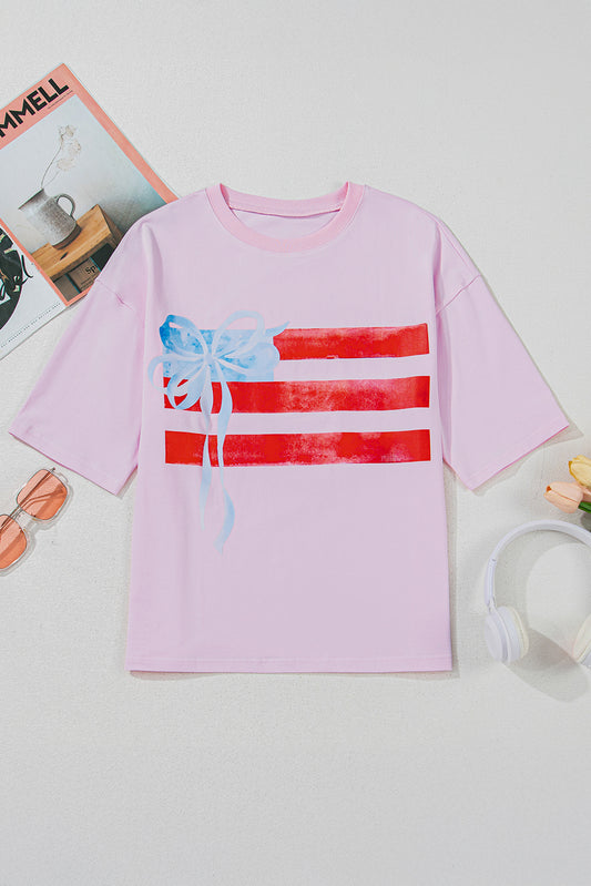 Light Pink Flag Bow Graphic Crewneck Tee-Tops/Tops & Tees-[Adult]-[Female]-2022 Online Blue Zone Planet