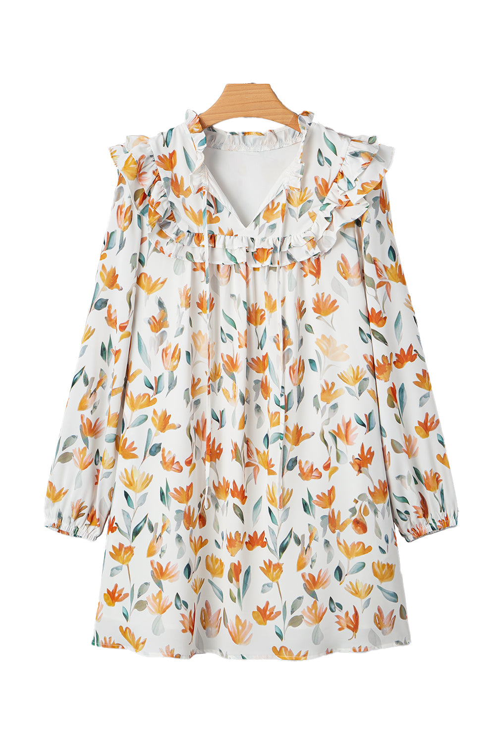 Yellow Floral Print Tie Neck Frilled Detail Long Sleeve Mini Dress-TOPS / DRESSES-[Adult]-[Female]-2022 Online Blue Zone Planet