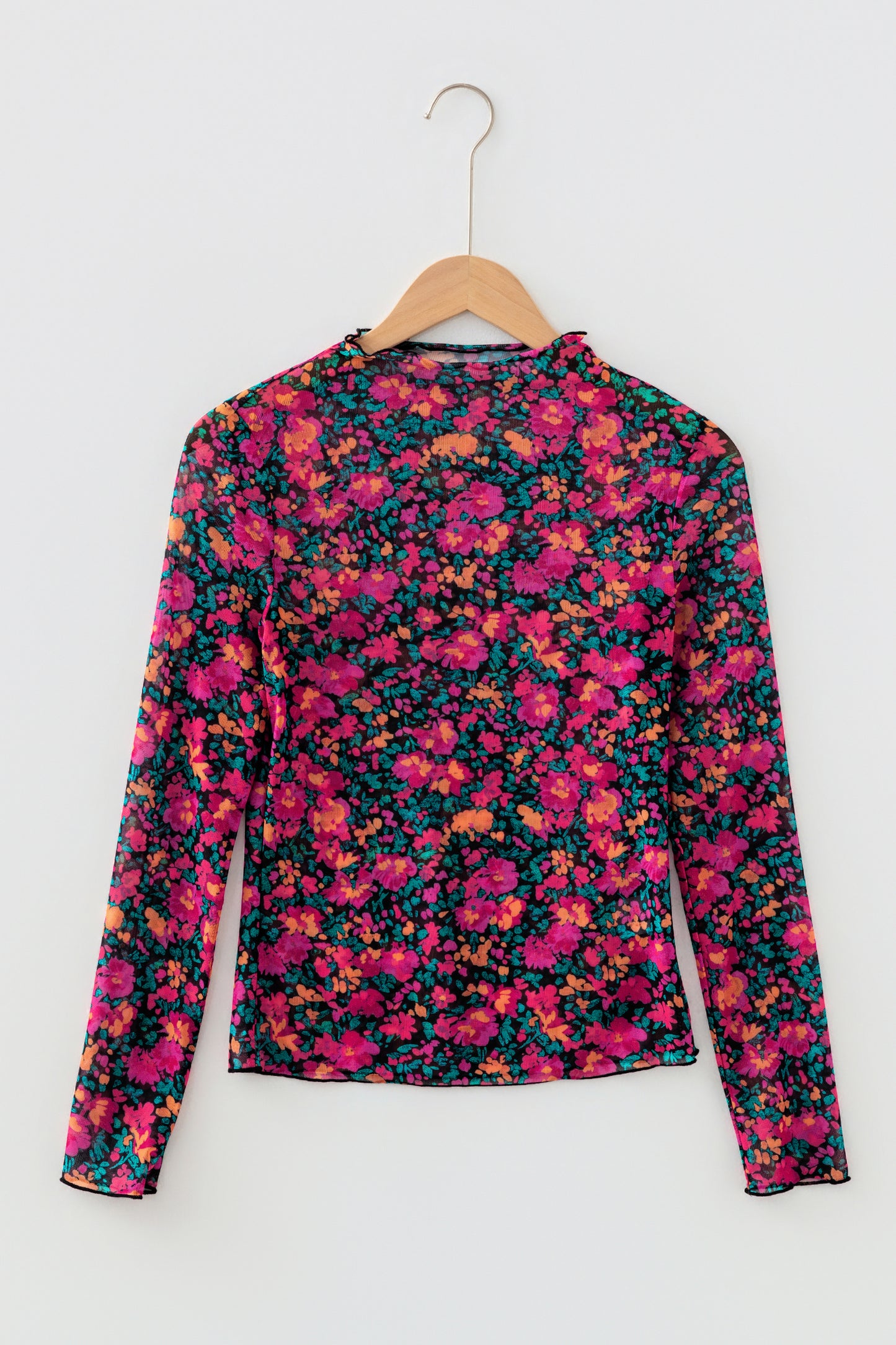 Rose Slim Fit Floral Mesh Long Sleeve Mock Neck Top-Tops/Long Sleeve Tops-[Adult]-[Female]-2022 Online Blue Zone Planet