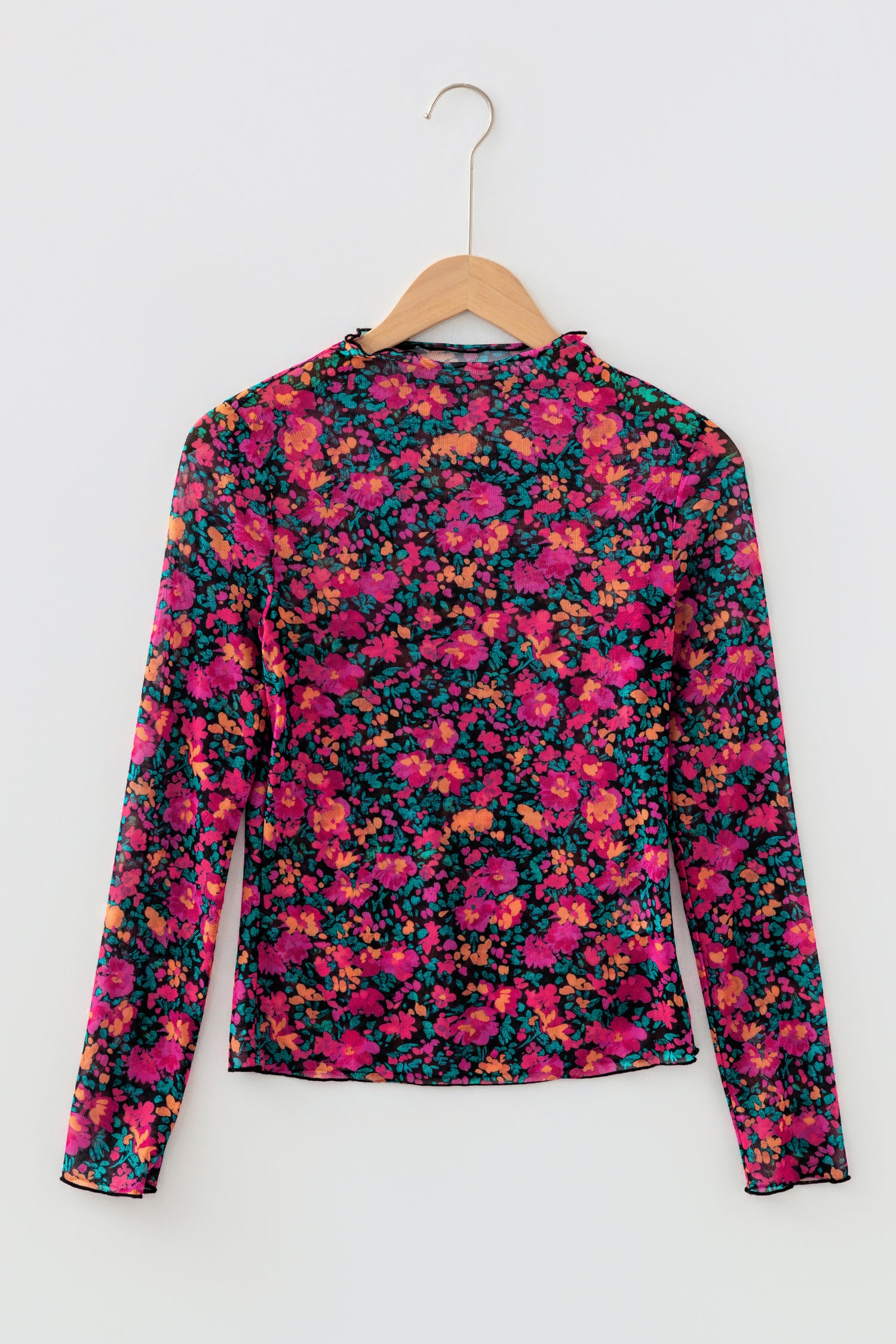 Rose Slim Fit Floral Mesh Long Sleeve Mock Neck Top-Tops/Long Sleeve Tops-[Adult]-[Female]-2022 Online Blue Zone Planet
