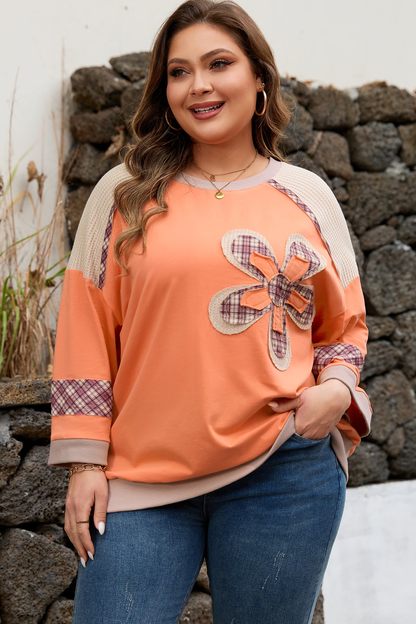 Grapefruit Orange Plaid Flower Waffle Patched Plus Size 3/4 Sleeve Top-Plus Size/Plus Size Tops/Plus Size Long Sleeve Tops-[Adult]-[Female]-2022 Online Blue Zone Planet