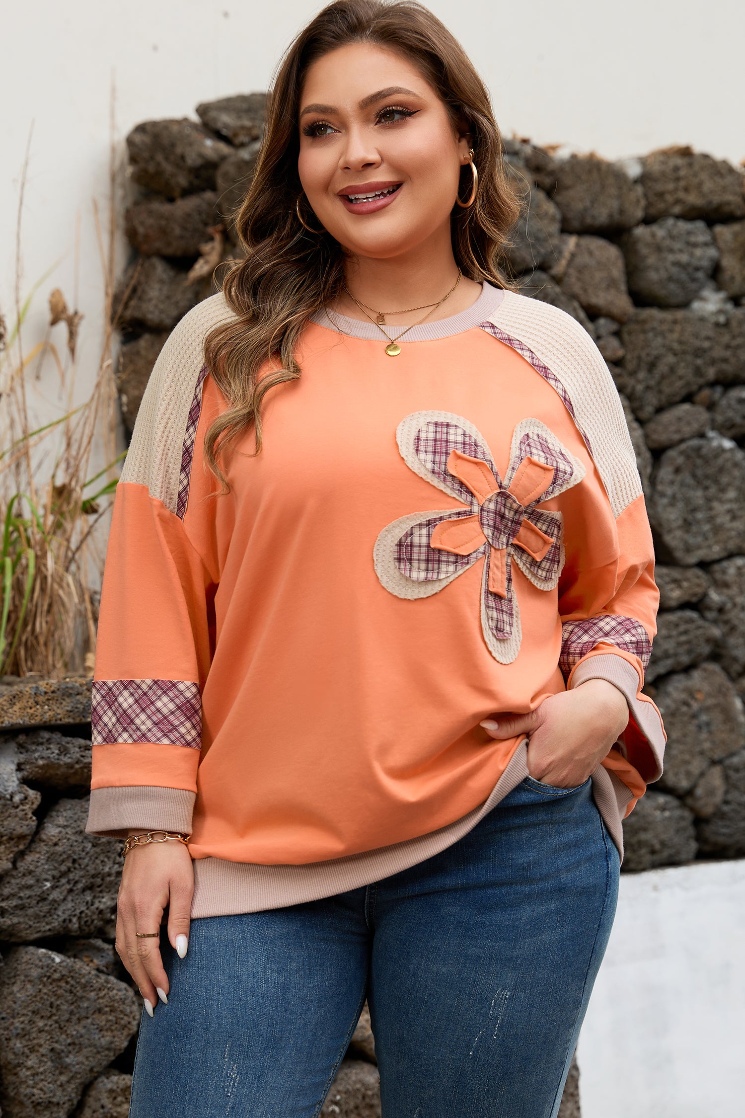 Grapefruit Orange Plaid Flower Waffle Patched Plus Size 3/4 Sleeve Top-Plus Size/Plus Size Tops/Plus Size Long Sleeve Tops-[Adult]-[Female]-2022 Online Blue Zone Planet