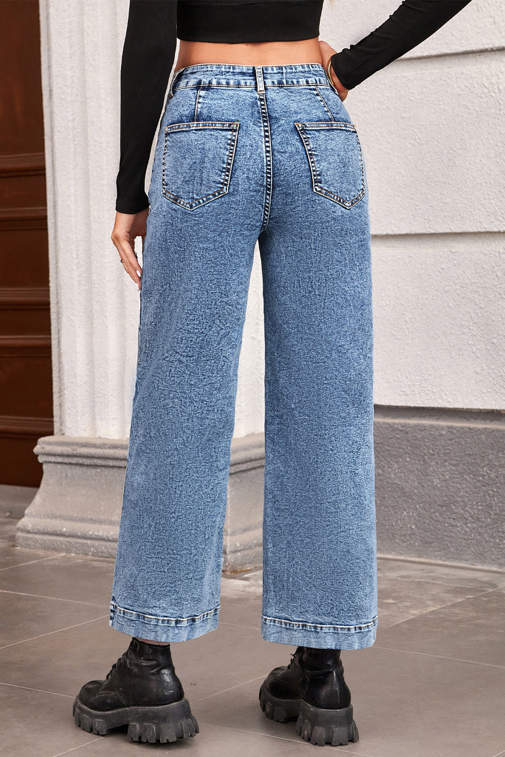 Blue Chic Patch Pocket Straight Leg Loose Jeans-Bottoms/Jeans-[Adult]-[Female]-2022 Online Blue Zone Planet