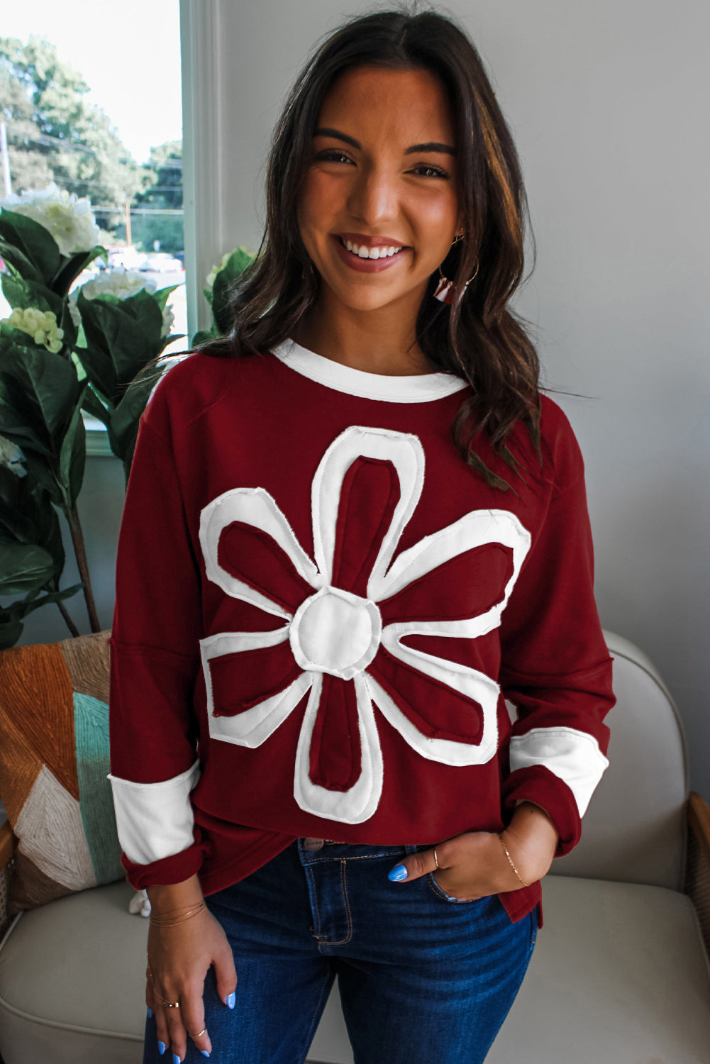Red Dahlia Cheerful Daisy Flower Patched Round Neck Long Sleeve Top-Tops/Long Sleeve Tops-[Adult]-[Female]-2022 Online Blue Zone Planet