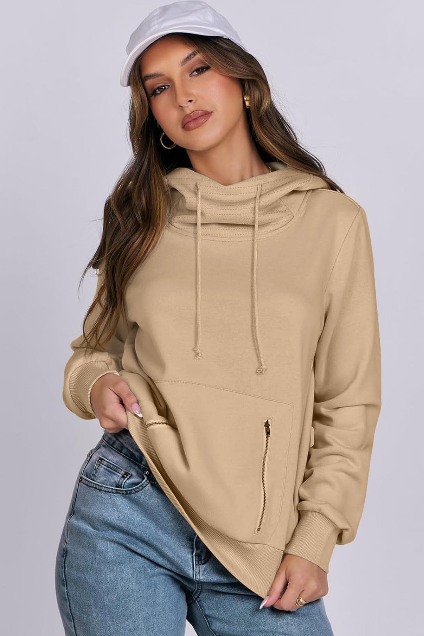 Parchment Zipped Pocket Cozy Drawstring Hoodie-Tops/Sweatshirts & Hoodies-[Adult]-[Female]-2022 Online Blue Zone Planet