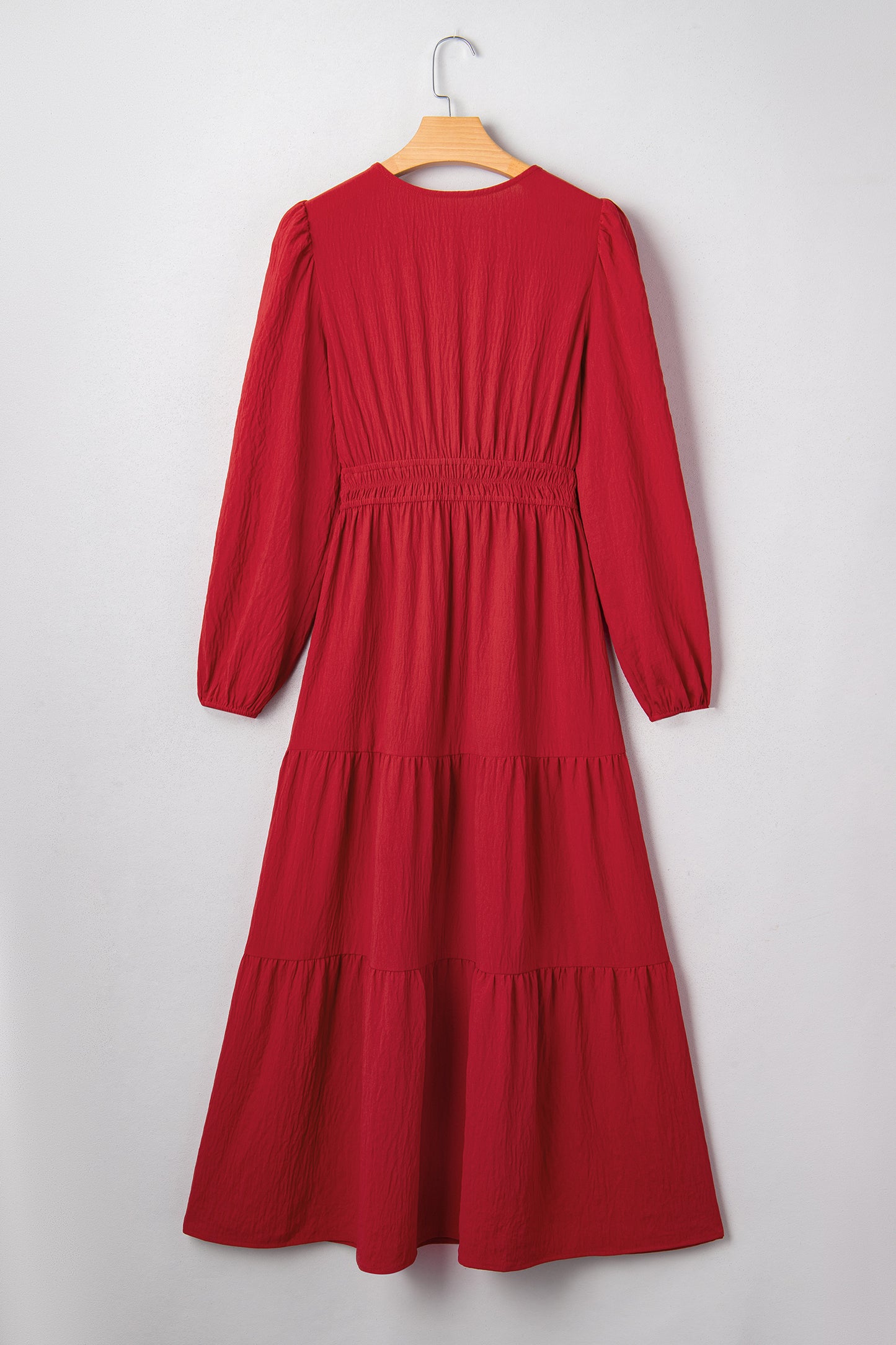 Racing Red Contrast Embroidered Detail Cinched Waist Tiered Long Sleeve Maxi Dress-TOPS / DRESSES-[Adult]-[Female]-2022 Online Blue Zone Planet