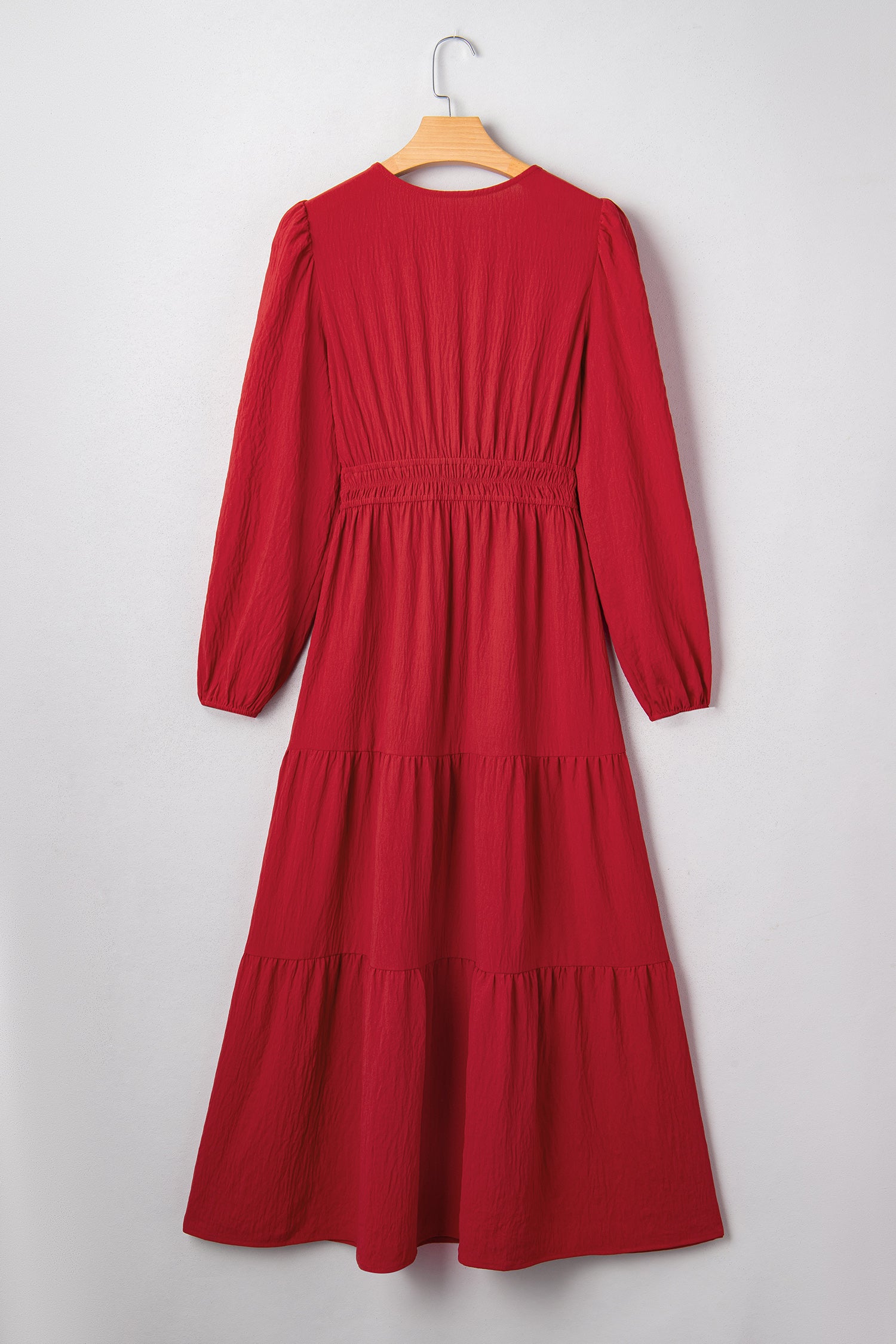 Racing Red Contrast Embroidered Detail Cinched Waist Tiered Long Sleeve Maxi Dress-TOPS / DRESSES-[Adult]-[Female]-2022 Online Blue Zone Planet