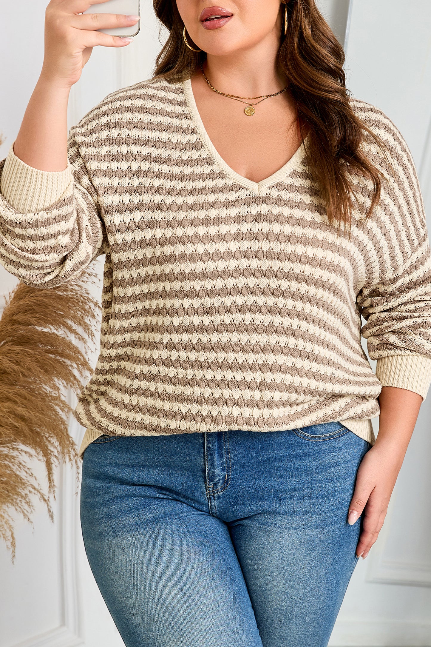 Khaki Stripe Plus Size V Neck Drop Shoulder Sweater-Plus Size/Plus Size Sweaters & Cardigans-[Adult]-[Female]-2022 Online Blue Zone Planet