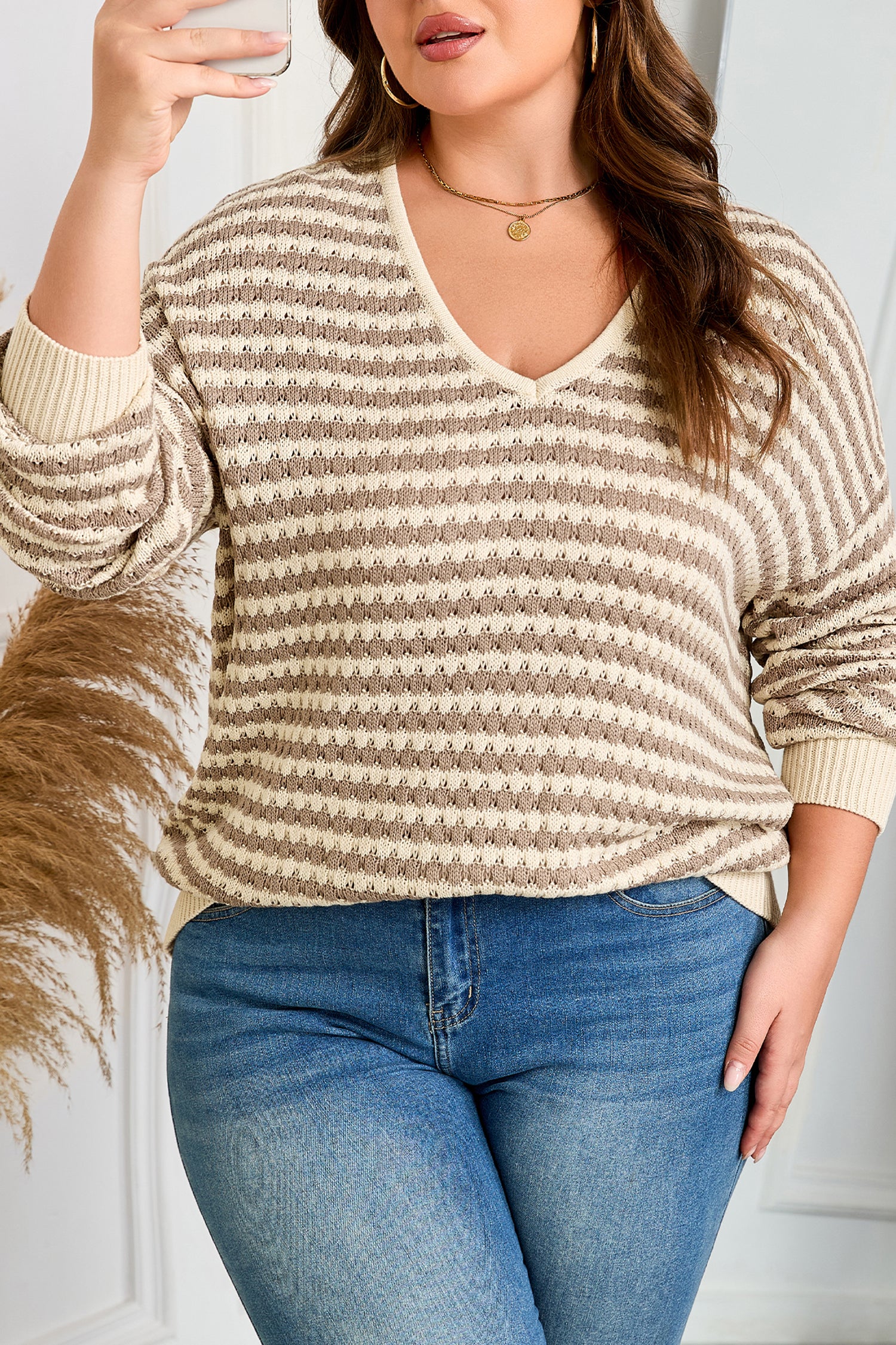 Khaki Stripe Plus Size V Neck Drop Shoulder Sweater-Plus Size/Plus Size Sweaters & Cardigans-[Adult]-[Female]-2022 Online Blue Zone Planet