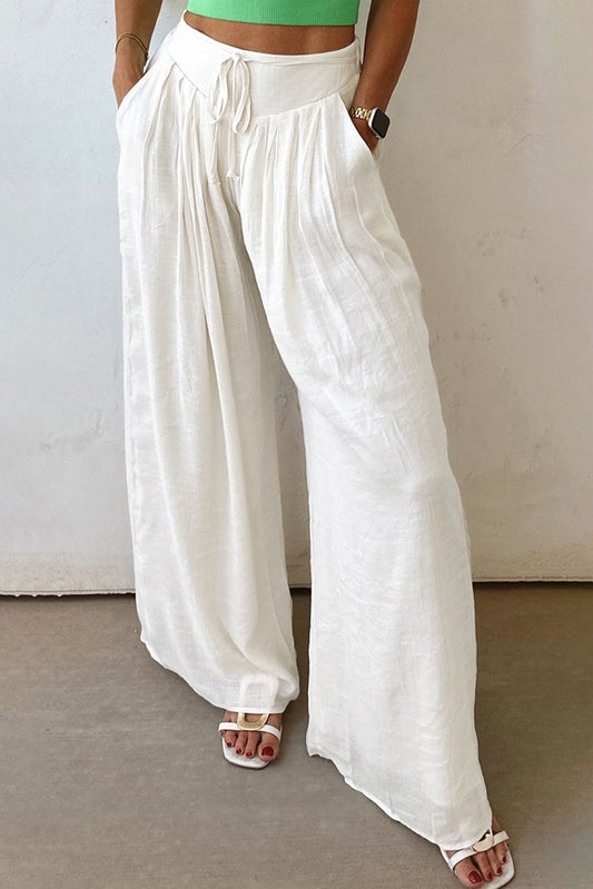 White Solid Drop Waist Pleated Wide Leg Casual Pants-Bottoms/Pants & Culotte-[Adult]-[Female]-White-S-2022 Online Blue Zone Planet