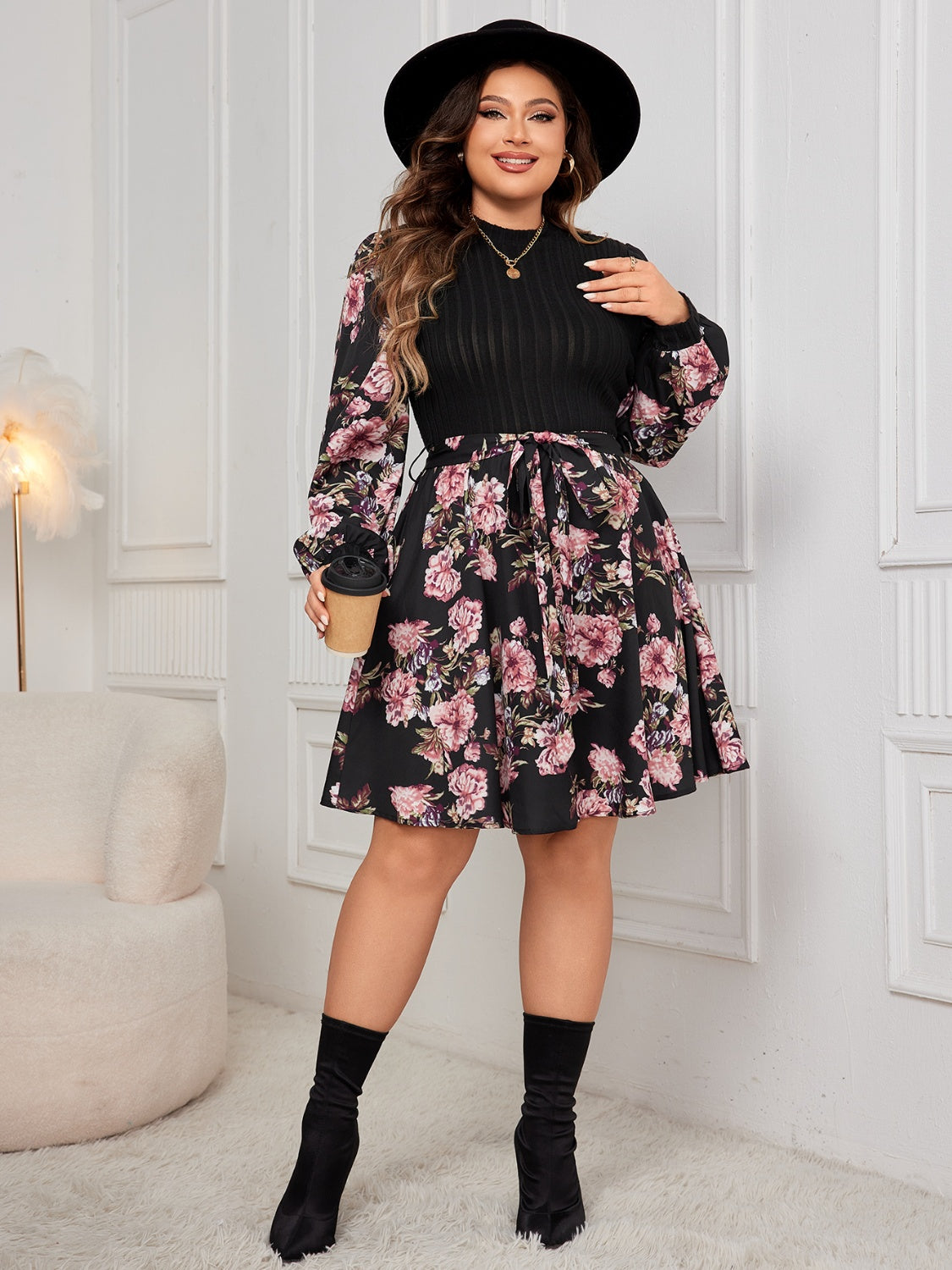 Blue Zone Planet | Plus Size Tied Printed Long Sleeve Dress-TOPS / DRESSES-[Adult]-[Female]-2022 Online Blue Zone Planet