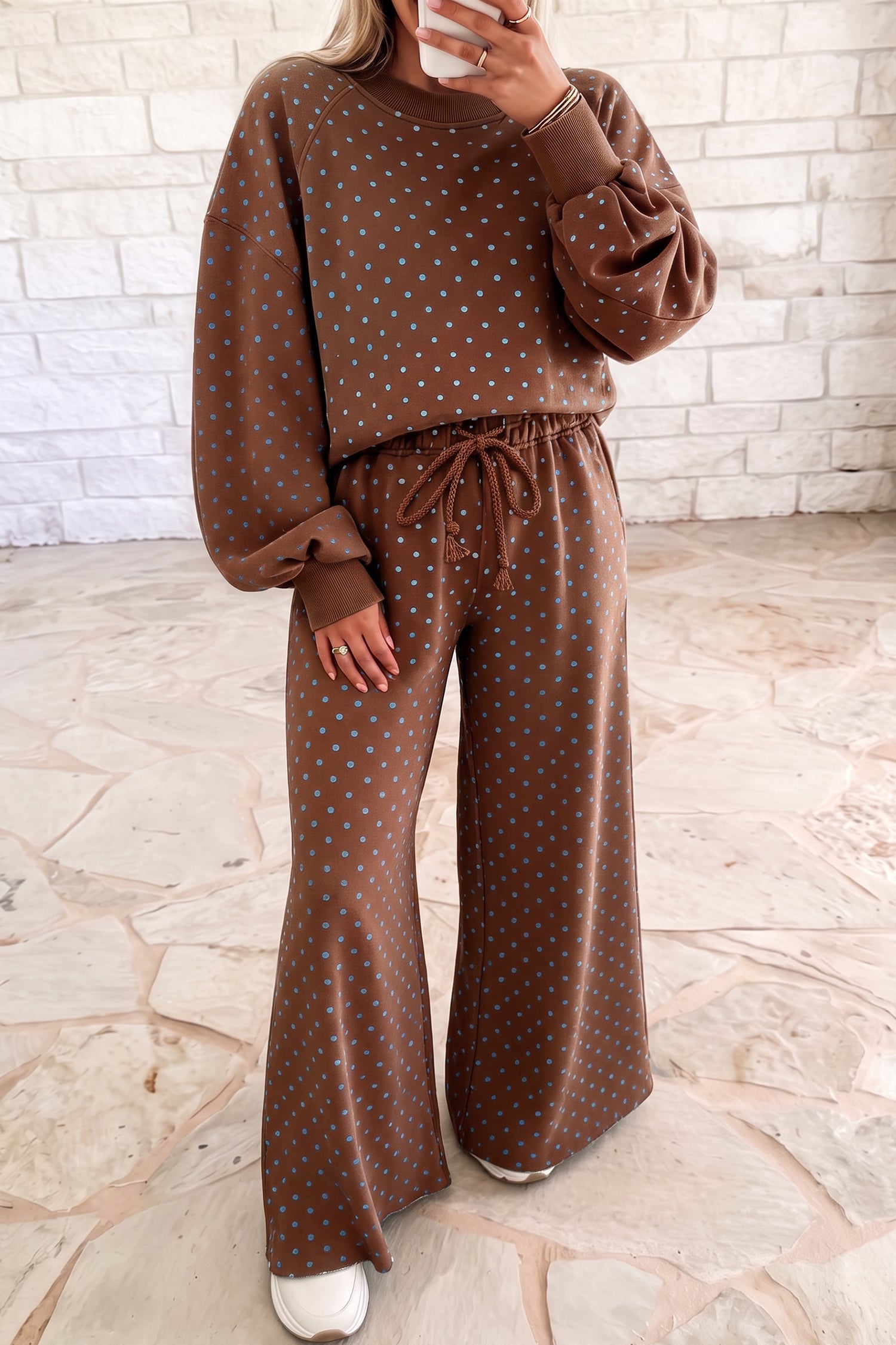 Brown Polka Dot Drawstring Wide Leg Long Sleeve Top Pant Set-Two Piece Sets/Pant Sets-[Adult]-[Female]-Brown-S-2022 Online Blue Zone Planet