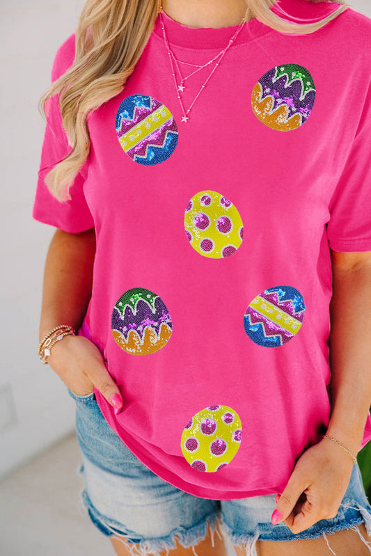 Rose Red Easter Eggs Patched Crew Neck Graphic Tee-Graphic/Graphic Tees-[Adult]-[Female]-Rose Red-S-2022 Online Blue Zone Planet