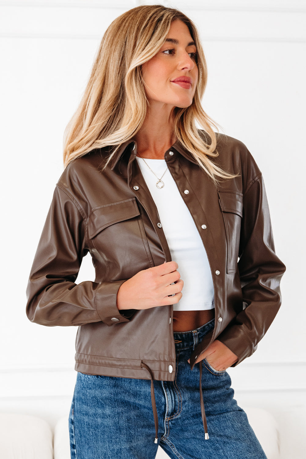 Chicory Coffee Double Flap Pocket Drawstring Hem Leather Jacket-Outerwear/Jackets-[Adult]-[Female]-2022 Online Blue Zone Planet