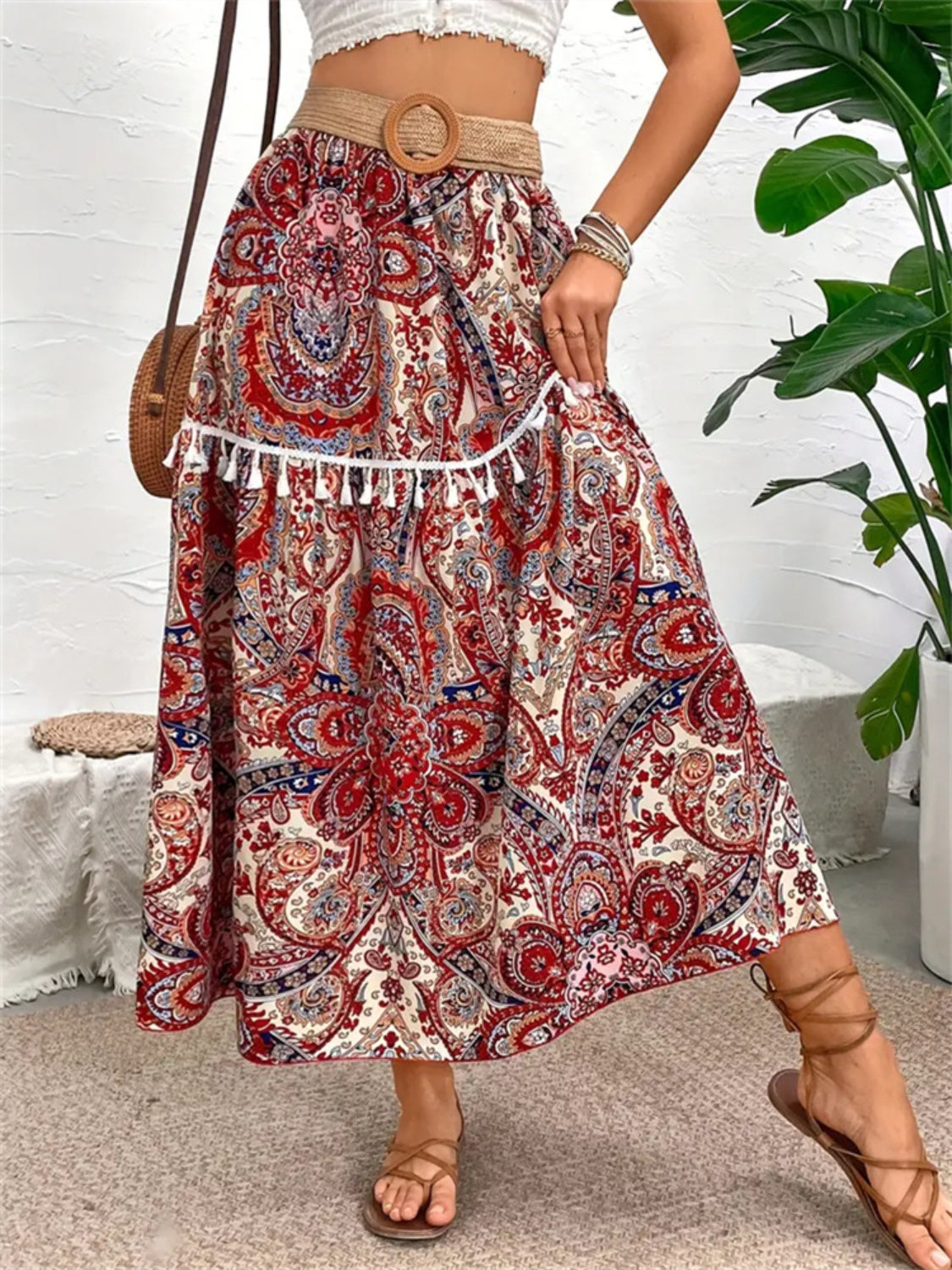 Printed Elastic Waist Midi Skirt-[Adult]-[Female]-2022 Online Blue Zone Planet