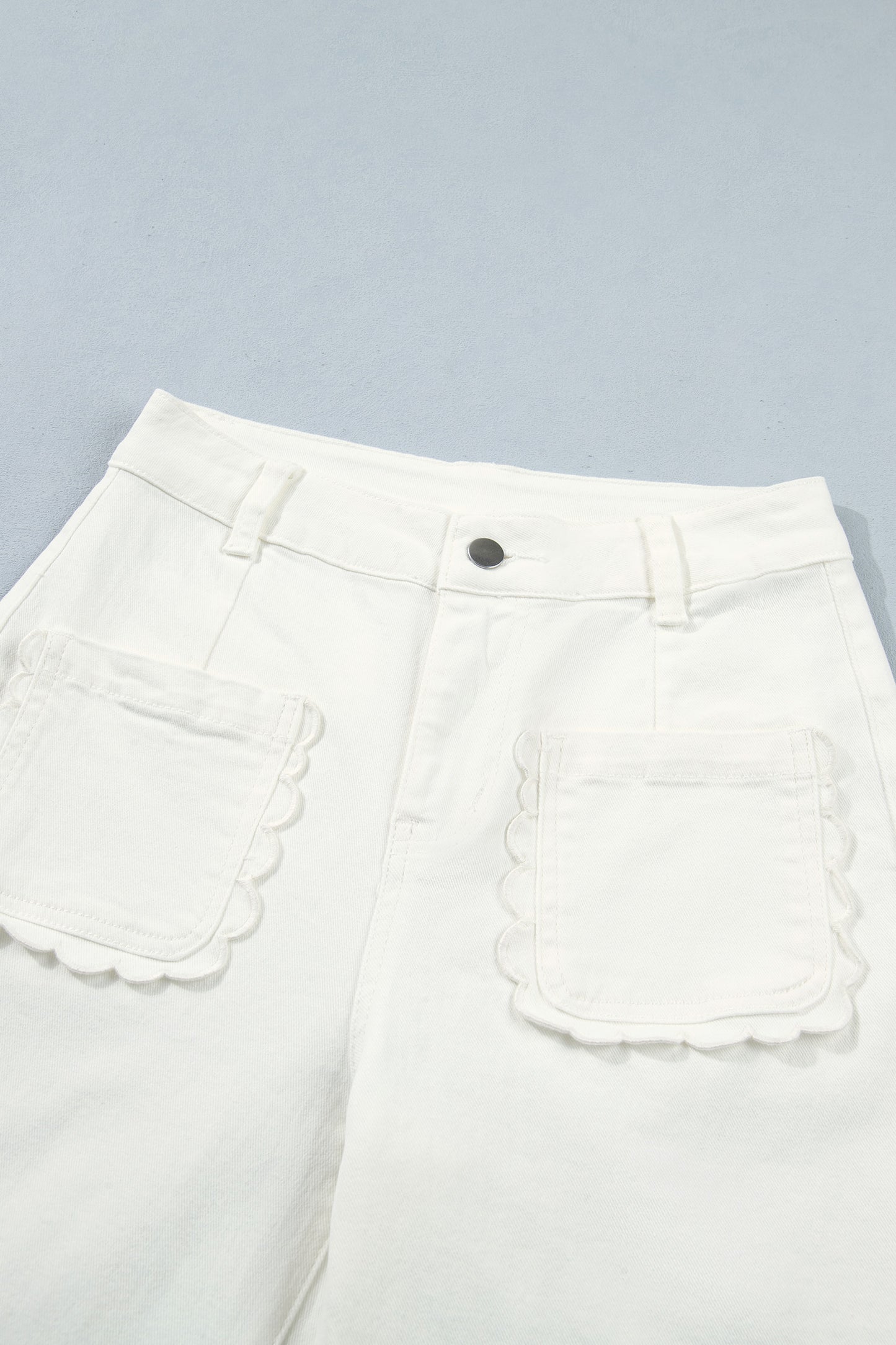 White Solid Color Scalloped Patch Pocket Shift Jeans-Bottoms/Jeans-[Adult]-[Female]-2022 Online Blue Zone Planet