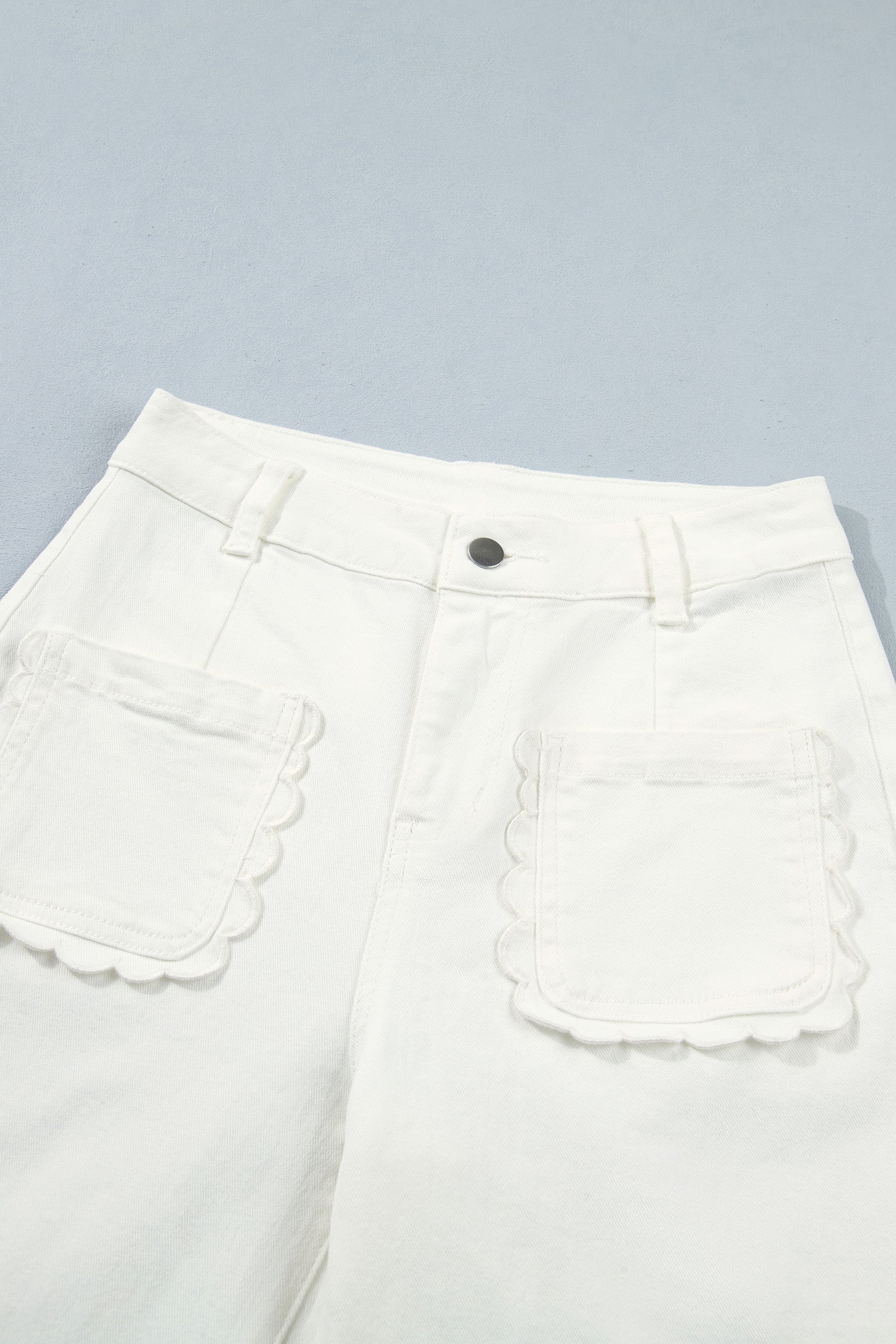 White Solid Color Scalloped Patch Pocket Shift Jeans-Bottoms/Jeans-[Adult]-[Female]-2022 Online Blue Zone Planet