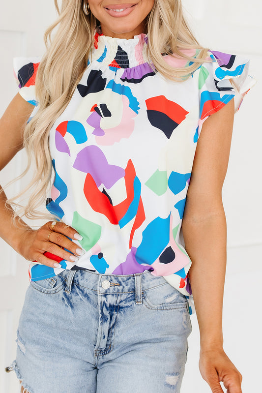 Multicolor Abstract Print Ruffle Sleeve Smocked Blouse-Sale (50% OFF)/30% OFF-[Adult]-[Female]-Multicolor-S-2022 Online Blue Zone Planet