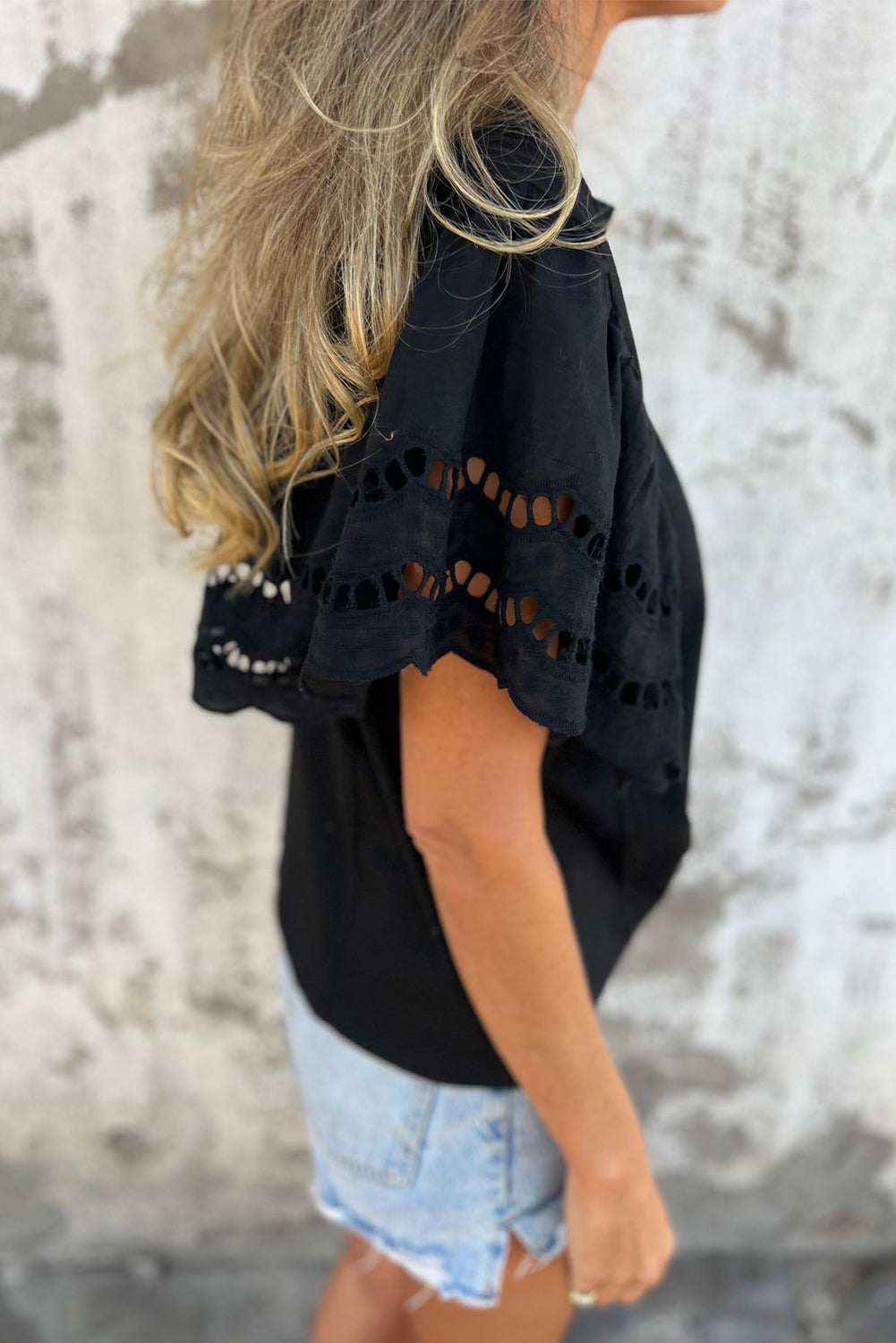 Black Hollow Out Embroidered Short Sleeve O Neck Top-Tops/Tops & Tees-[Adult]-[Female]-2022 Online Blue Zone Planet