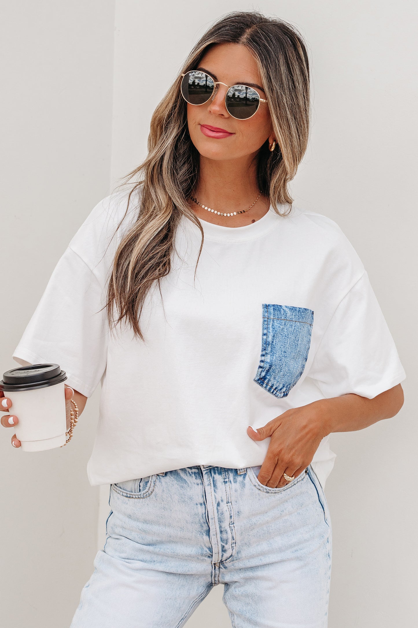 Sail Blue Color Block Chest Pocket Patched Casual Short Sleeve Top-Tops/Tops & Tees-[Adult]-[Female]-2022 Online Blue Zone Planet