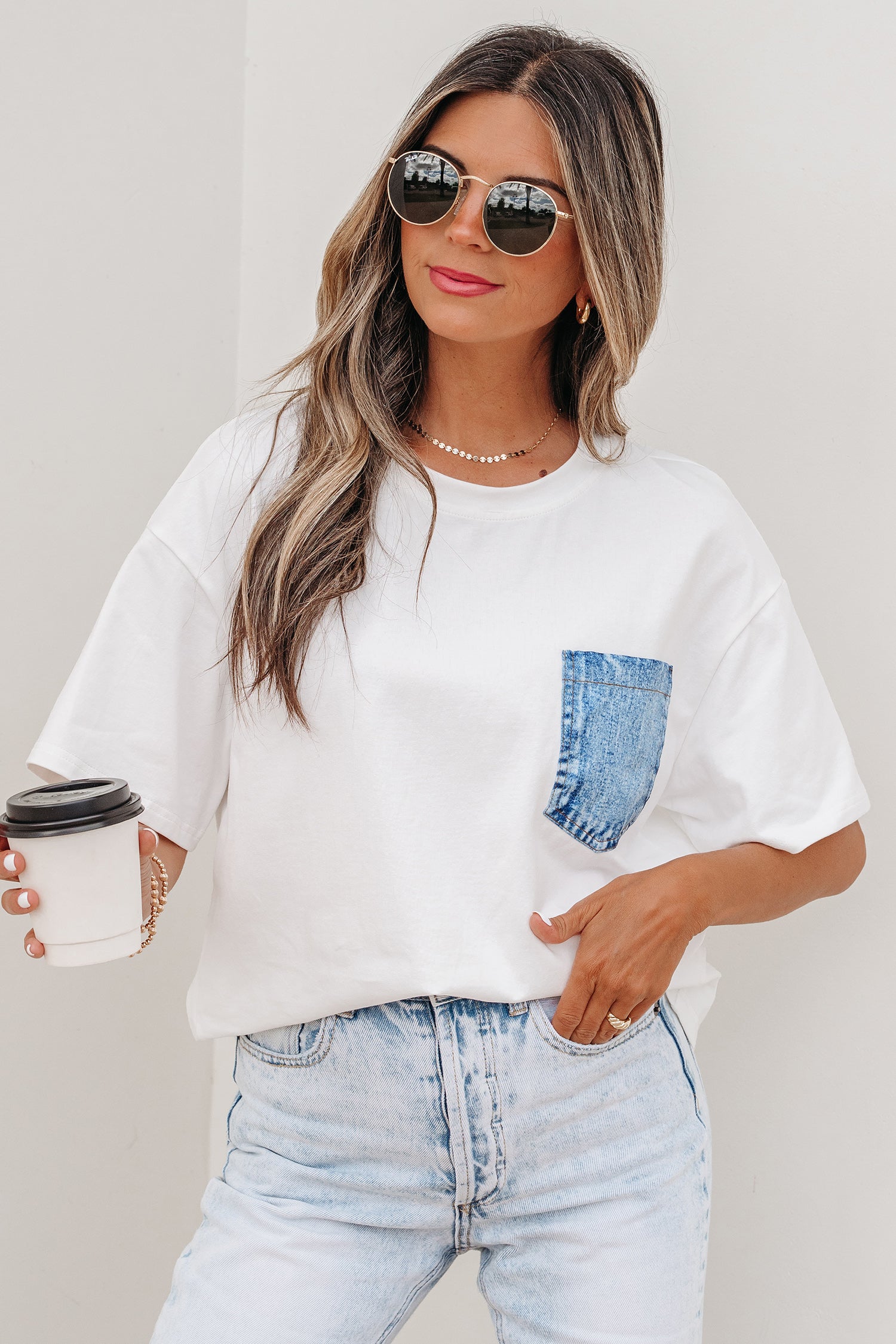 Sail Blue Color Block Chest Pocket Patched Casual Short Sleeve Top-Tops/Tops & Tees-[Adult]-[Female]-2022 Online Blue Zone Planet