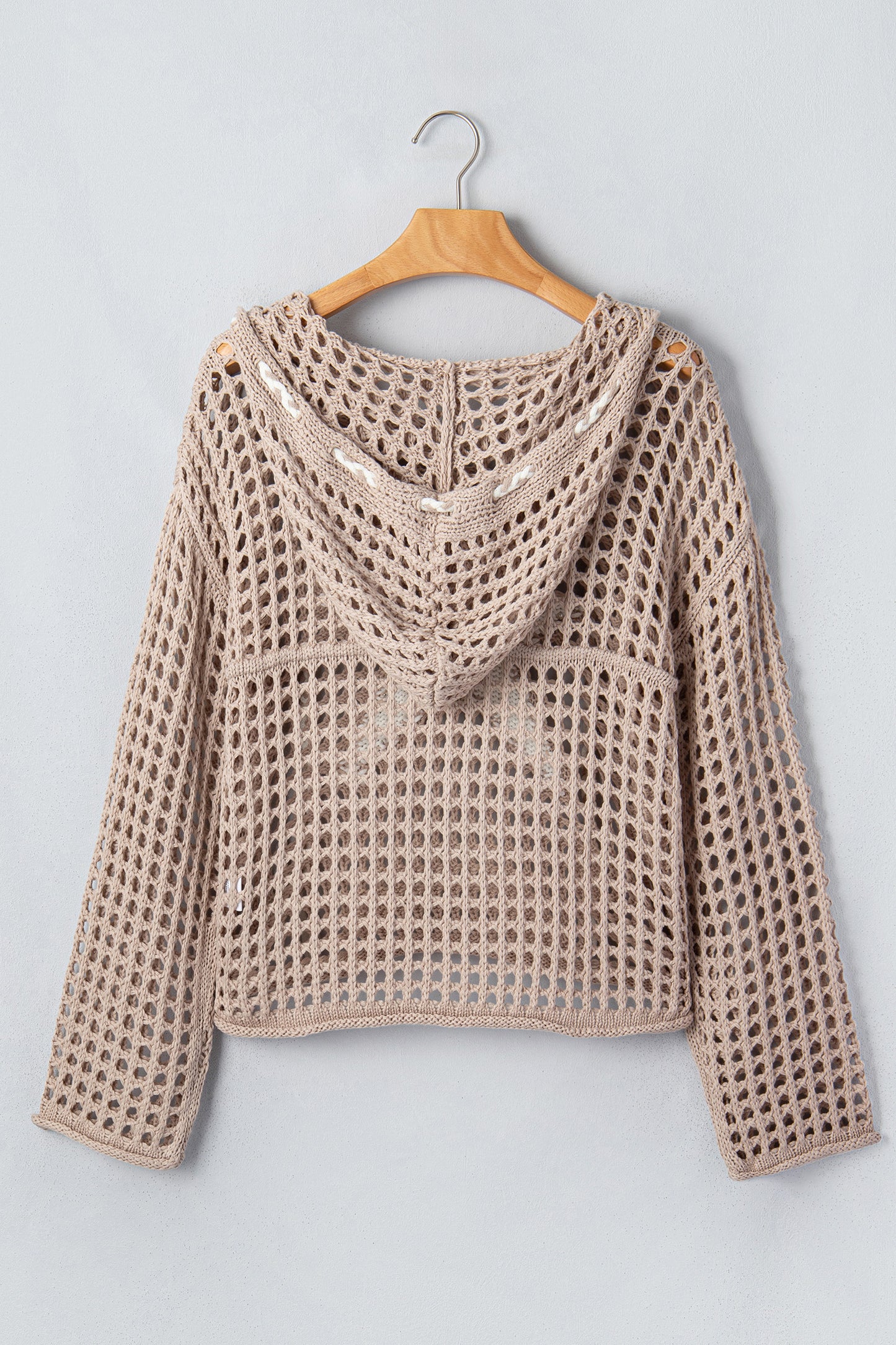 Sage Green Star Pattern Crochet Hooded Drawstring Sweater-TOPS / DRESSES-[Adult]-[Female]-2022 Online Blue Zone Planet