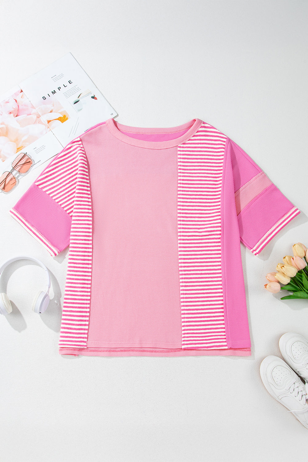 Pink Stripe Patchwork Colorblock Plus Size T Shirt-Plus Size/Plus Size Tops/Plus Size Tops & Tees-[Adult]-[Female]-2022 Online Blue Zone Planet