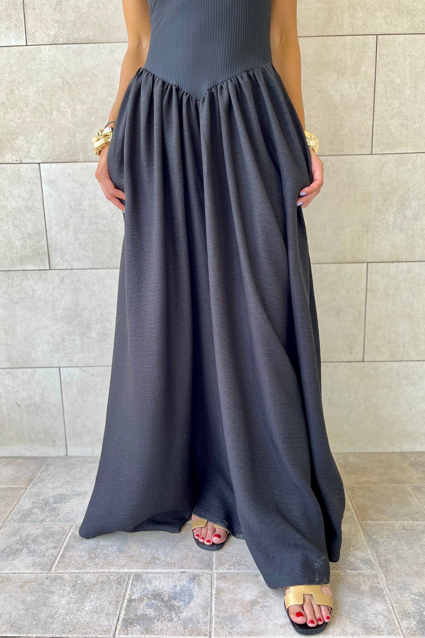 Black Spaghetti Straps Drop Waist Ribbed Patchwork Maxi Dress-Dresses/Maxi Dresses-[Adult]-[Female]-2022 Online Blue Zone Planet