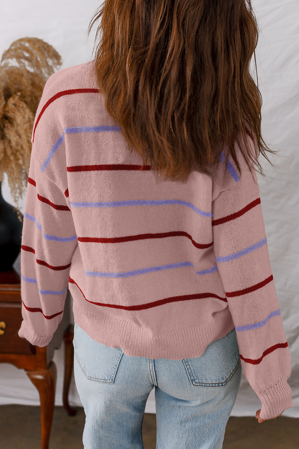 Pink Stripe Ribbed Edge Drop Shoulder Sweater-TOPS / DRESSES-[Adult]-[Female]-2022 Online Blue Zone Planet