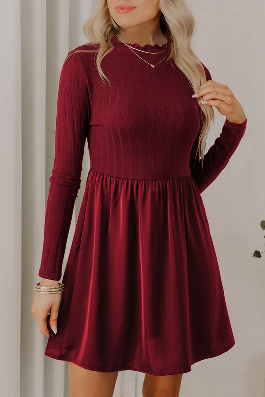 Red Dahlia Frilled Neck Ribbed Knit Patchwork Long Sleeve Mini Dress